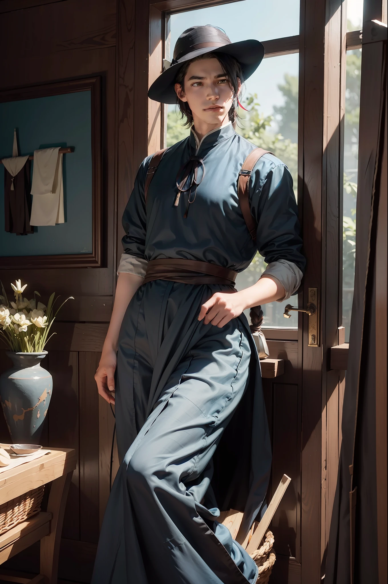 1boy, dynamic angle, splash art,  [(art by Arthur Dove:0.7)|art by Lyubov Popova],  octane render, full shot of a Captivating Amish Male Silk weaver, Cel shaded, Velvia, Ribbons, official art, unity 8k wallpaper, ultra detailed, aesthetic, masterpiece, best quality, photorealistic