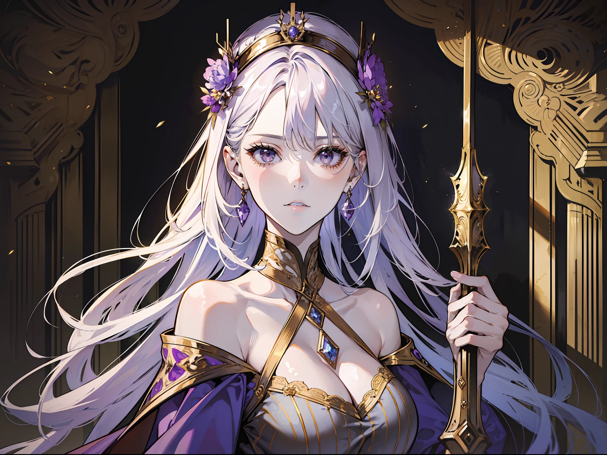 (absurd, high resolution), (panorama), a woman, mature, beautiful, tall, queen's dress, lilac complex dressed, exquisite, brown eyes, pale blonde hair, silver crown on her head, annoyed, serious, in the palace, resplendent, magical, antique, holding a long golden delicate wand, vista, standing