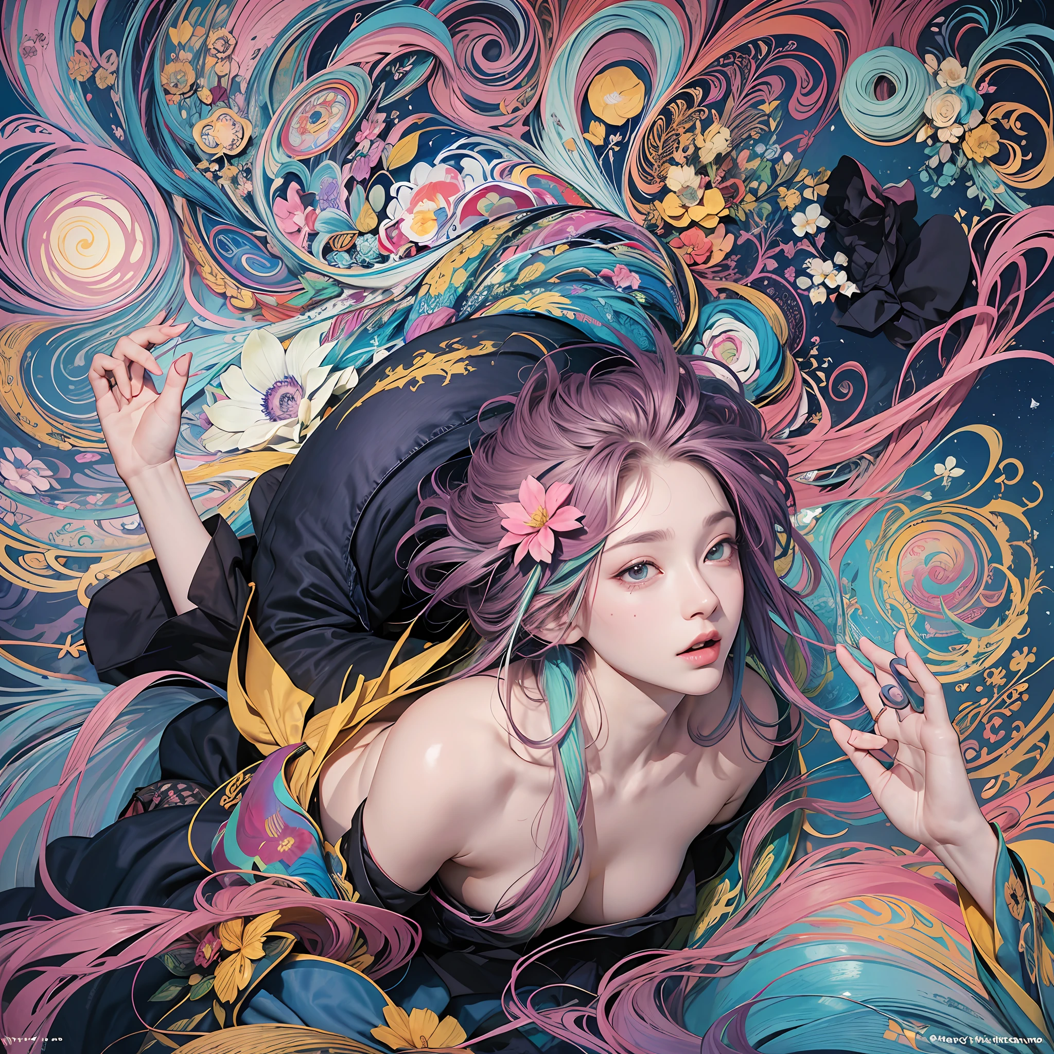 official art, Unity 8k wallpaper, super detailed, beautiful and beautiful, beautiful, masterpiece, best quality, (zen entanglement, mandala, tangled, tangled), dynamic angle, denim lens, most beautiful chaotic form, elegant, fauvist design, bright colors, romanticism, james jean, robbie devi antono, ros tran, francis bacon, michal mraz, adrian gainey, petra cottwright, gerhard richter, takato yamamoto, ashley wood, Atmosphere, enjoy music streaming, where you can imagine musical notes, flower ecstasy, visible streaming notes, flower_style, rainbow candy, style swirl magic, black silk, beautiful legs --auto --s2