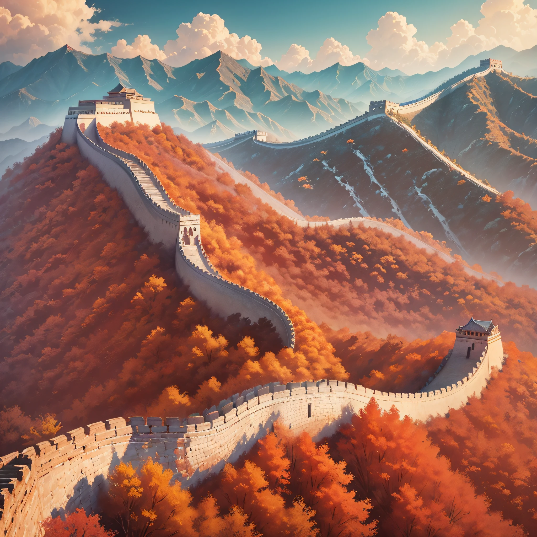 The Great Wall of China, brick red tone, stretching for tens of thousands of li, super detailed, magnificent and spectacular, near the city wall, far stretching the Great Wall, chinoiserie, top quality, ultimate details, complete composition --auto --s2