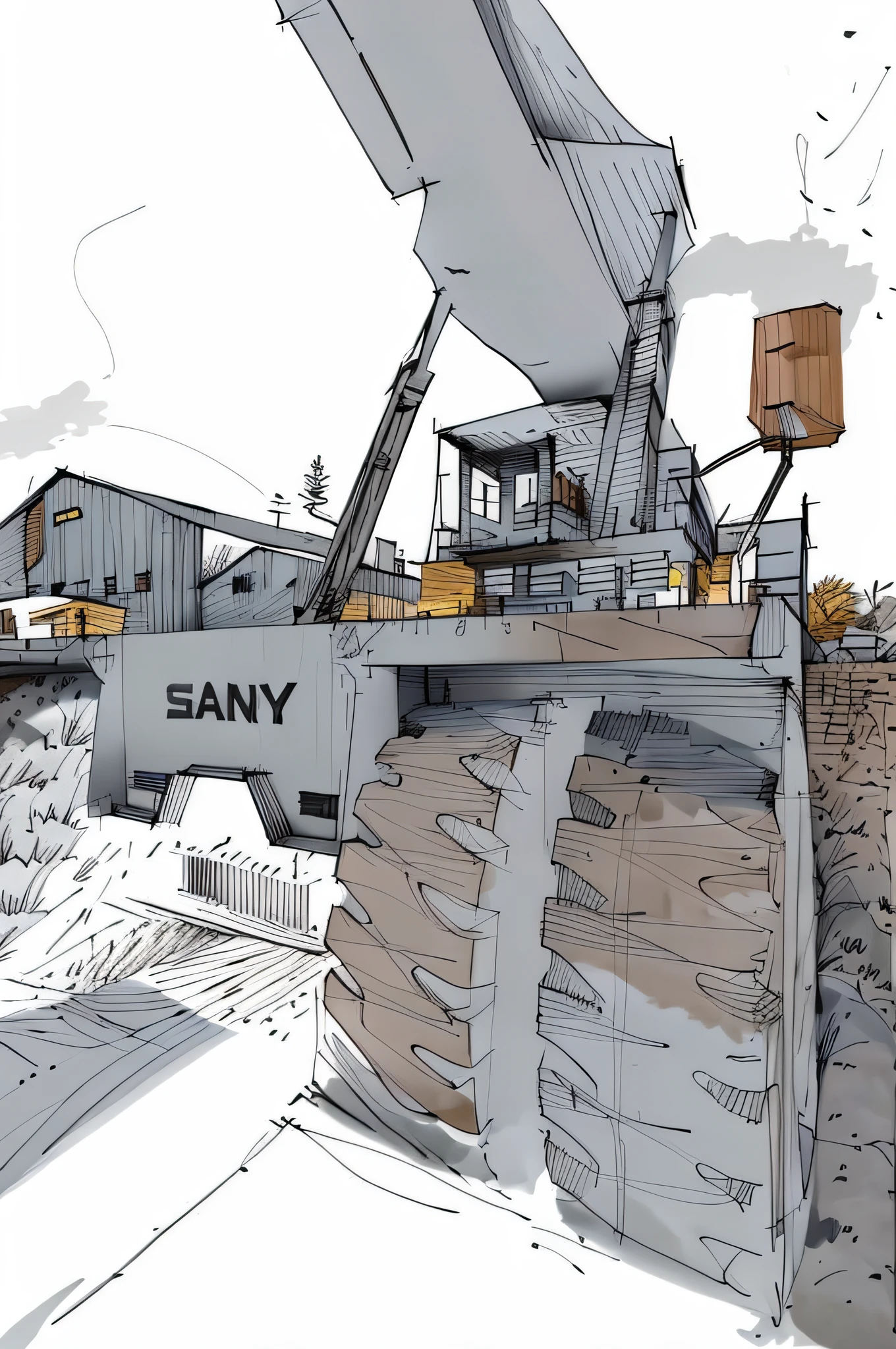 linear, gray, white background, simple background, sketch, sketch, pen_sketch_style, there is a large bulldozer that is parked in front of the truck, lifting the container, loading, heavy machinery, large shovel, mining scrap metal, gravel, hard work, massive construction machines