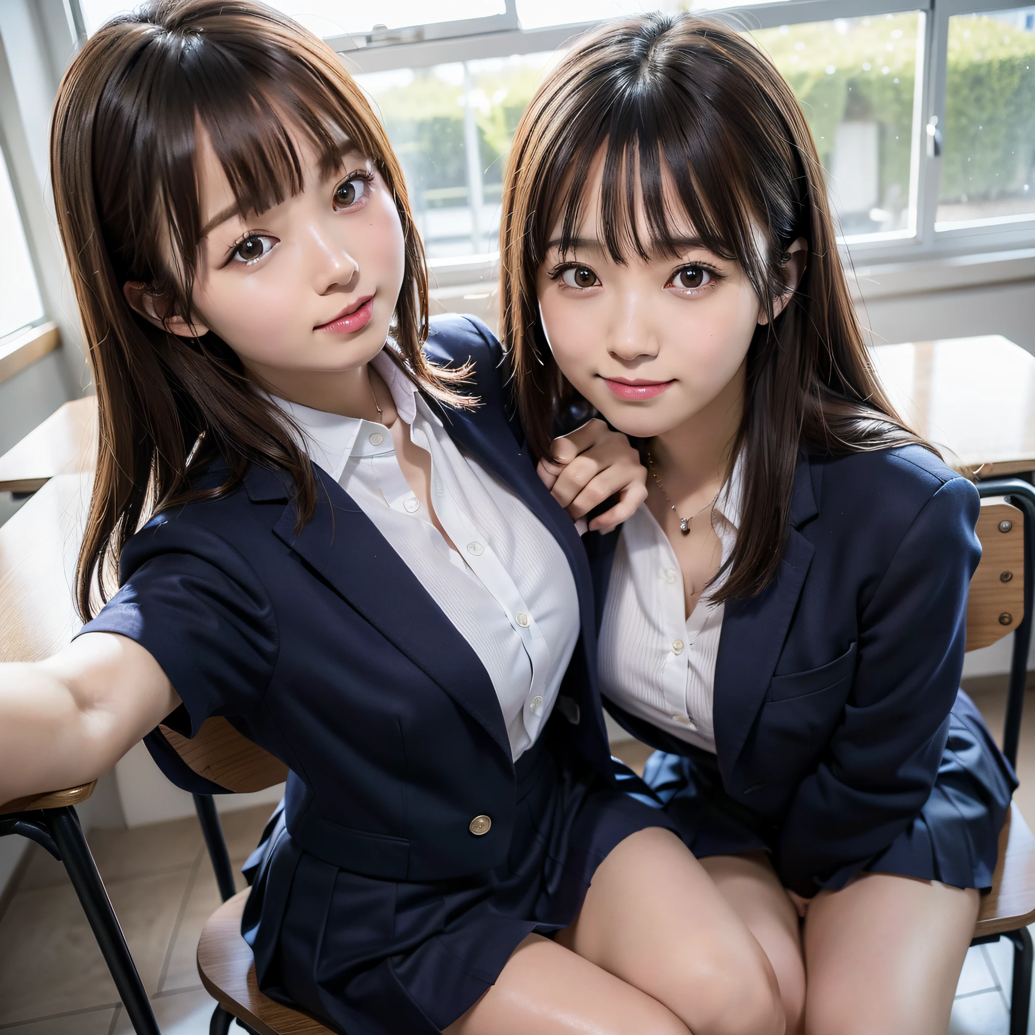 1 girl, best quality, facial focus, soft light, (depth of field), ultra high res, (photorealistic: 1.4), RAW photo, (upper knees: 1.4), (side) 1Japanese girl, solo, handsome, (shy, smile: 1.1), (brown eyes), detailed beautiful face, (long hair), High school classroom, (seated chair), (school uniform: 1.4, navy skirt, navy Blazer)