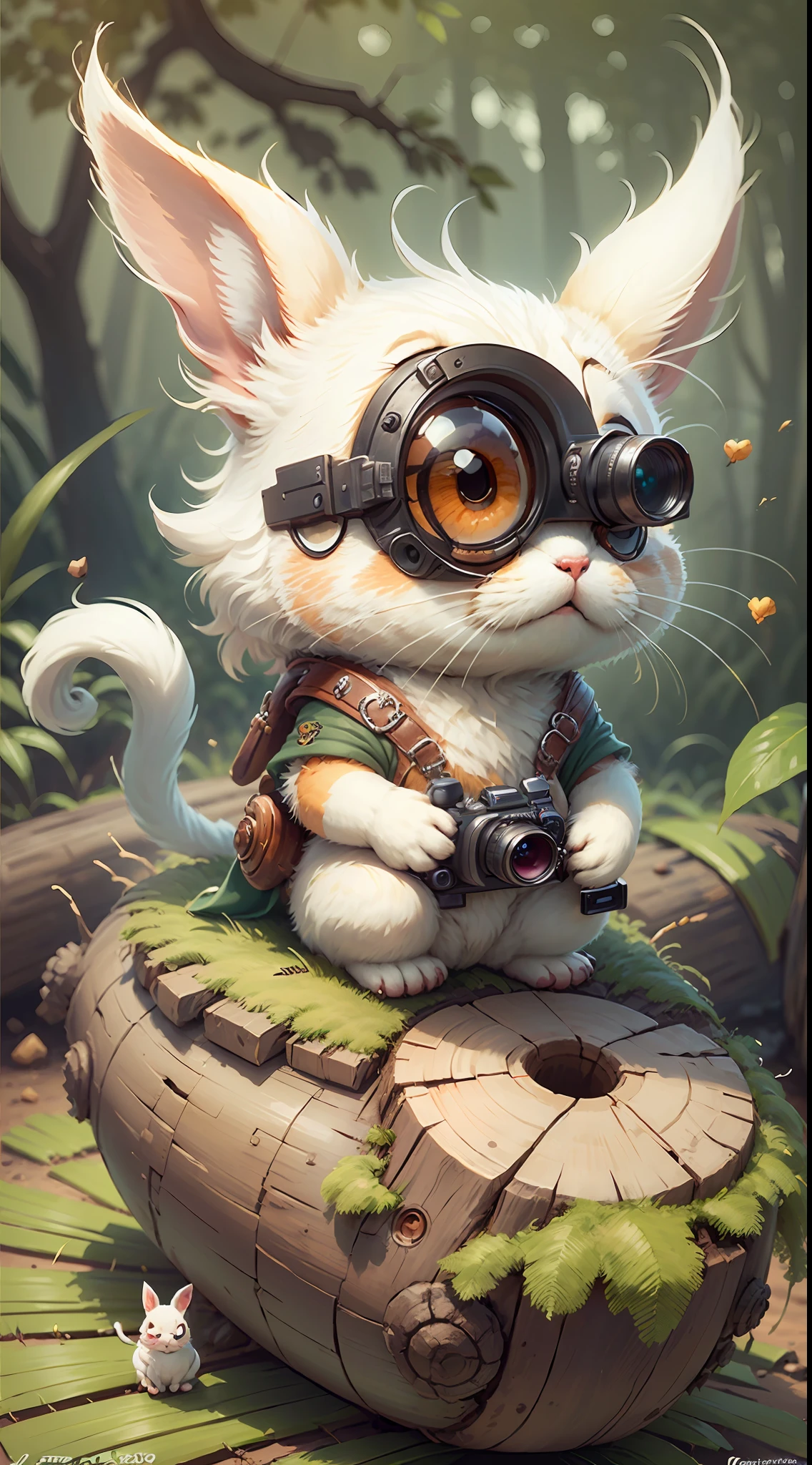 There is a little white cat sitting on a log with a camera, one eye to take pictures, cute digital art, cute digital painting, cute detailed digital art, cute 3 D rendering, cute cartoon characters, cute anthropomorphic rabbit, cute cartoon, cute detailed artwork, cute cute art, cute cute photos, cute animals, cute cute characters, cute creatures --auto --s2