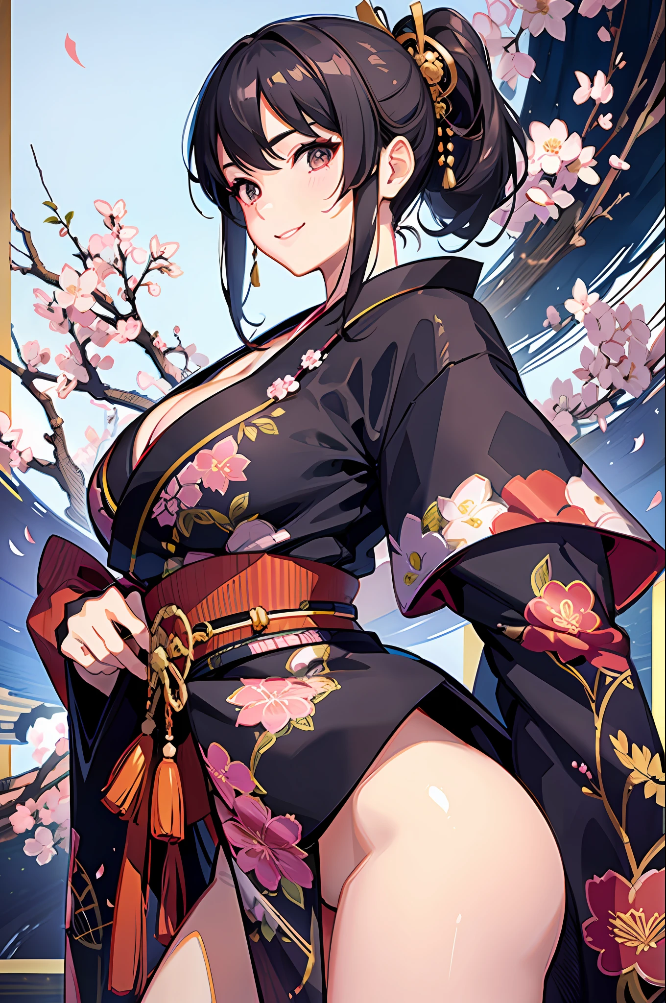 Masterpiece, Hi-Res, Top Quality, One Girl Solo, Smile, Kimono, Masterpiece,Super High Quality, Ultra Detail,Perfect Drawing,CG,3D,8k,Illustration,Beautiful Face Girl,One Beautiful Girl, Samurai Costume, Black Hair, Ponytail, Big Red Ribbon, Kimono, Obi Katana, Tati, Wakizashi, Double Point, Hakama, Dignified Expression, Cute Smile, Big, Cleavage Emphasis, Disheveled Costume, Round Cute Butt, Background with Sakura and Mt. Fuji