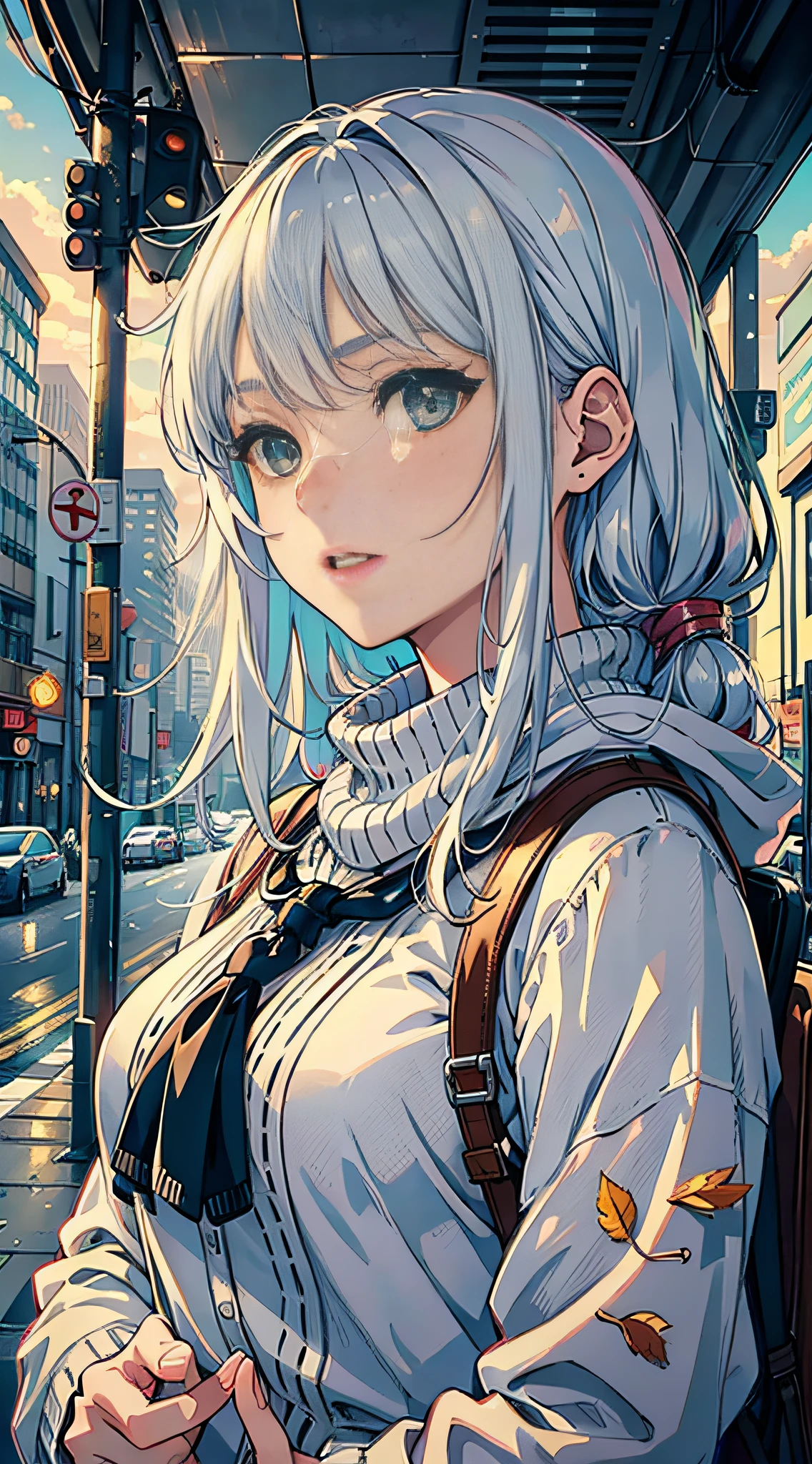 japan, high resolution, highest quality, illustration, ultra detailed, (detailed face), (detailed eyes), soft lighting, best quality, misty glow, dreamy atmosphere, hyper detailed, masterpiece, 1 girl, solo, silver hair, green eyes, knitwear, bright eyes, medium chest, (colored), cowboy shot, outdoors, evening, clouds, high rise buildings in background, industrial, public transportation, urban, buildings concrete, concrete, sidewalk, busy, trees, autumn, falling leaves,