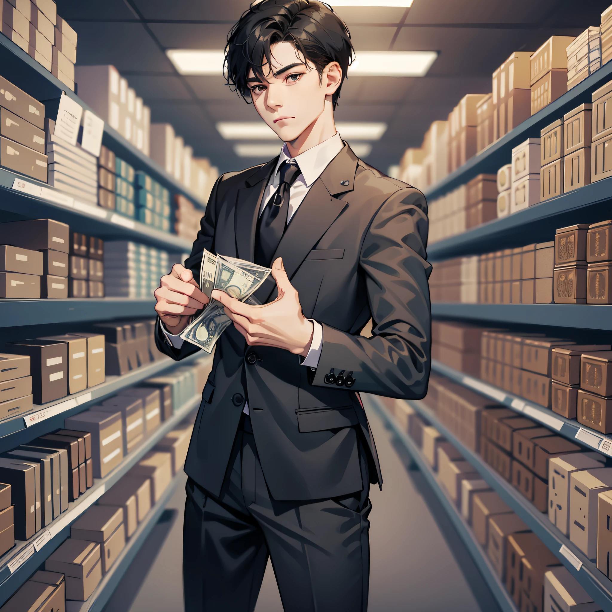 Male, short black hair, delicate face, black suit, counting money, bank background