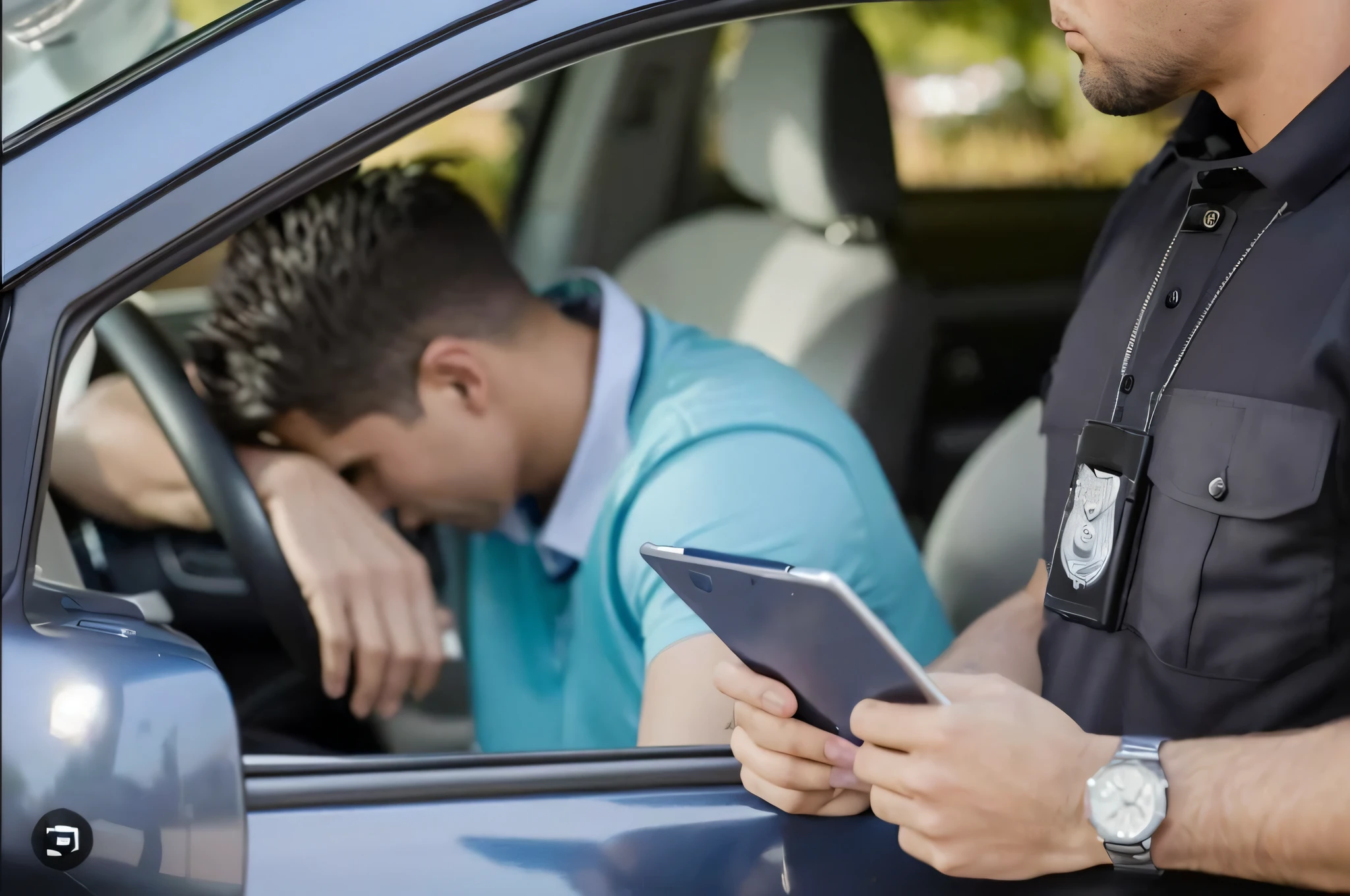 arafed man in a car with a tablet in his hand, sad cop looking at a, arrested, high speed chase, traffic accident, police officers, illegal, busted, driving, intense knowledge, police officer, behaelterverfolgung, intense moment, accurate depiction, caught, thought-provoking, wearing a police uniform, professional, professional work