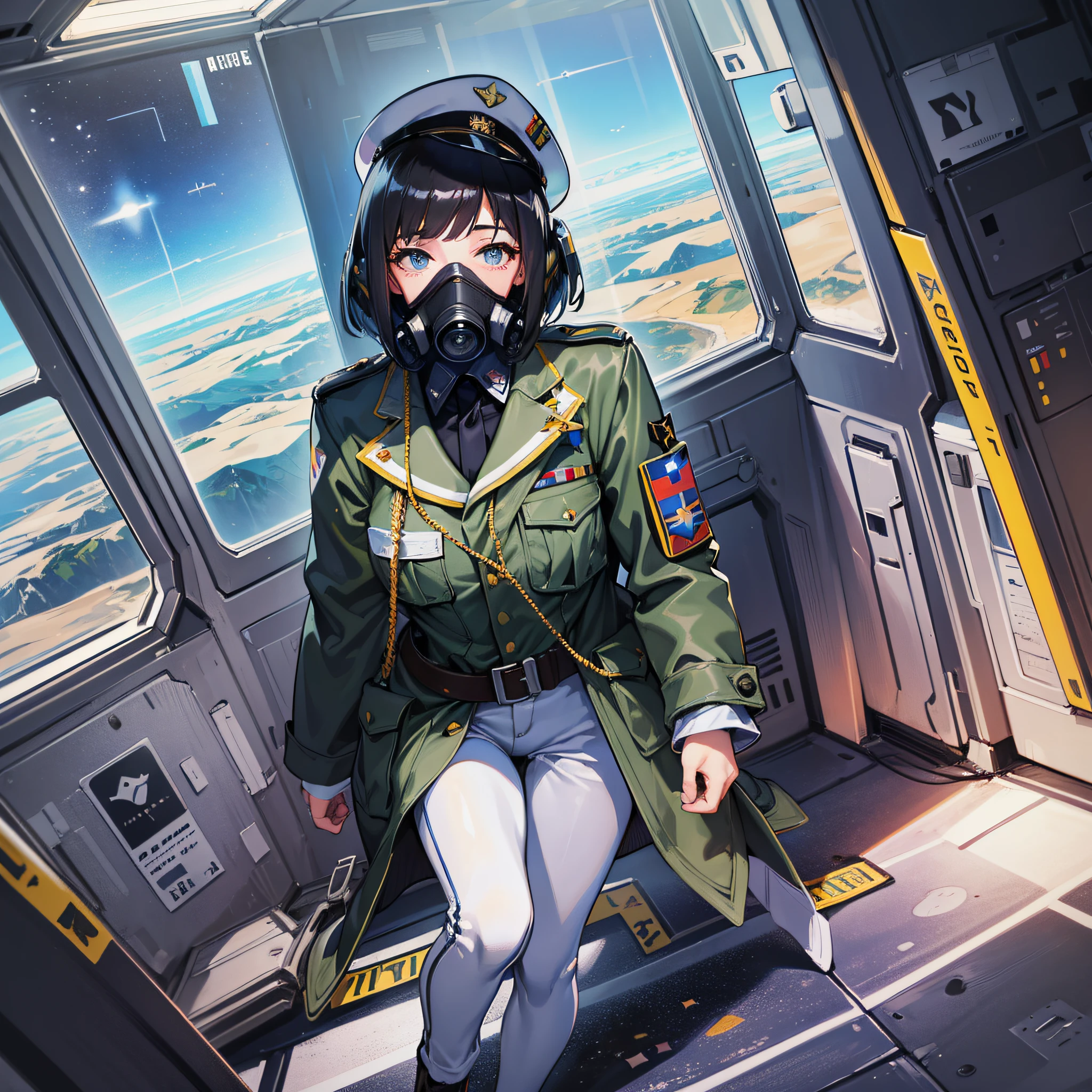 ((Masterpiece)), ((highest image quality)), ((highest image quality)), (illustration of one girl), full body, 25 years old, black hair bob cut, (((gas mask covering face)), ((tall)), (military uniform)), ((military uniform)), (military uniform)), (military hat)), (military cap)), army coat, (white clothes)), ((white pants)), ((white hat)), trench coat, (( ( Inside the spaceship)), (outside the window, space, Earth seen from space)