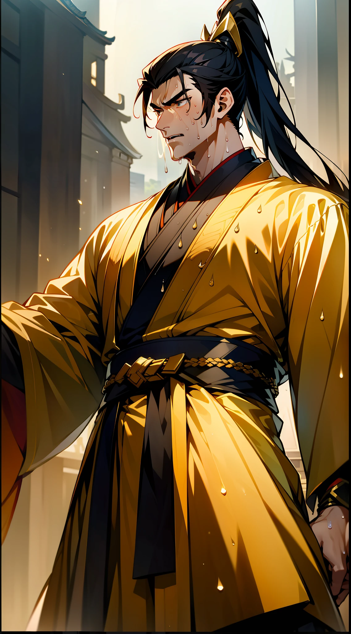Two-dimensional, anime style, man (male warrior), muscle, correct proportions, face details, martial arts, high ponytail hairstyle, sweating, sweaty face, drooling, neck details, with Adam's apple, wet, wet, Hanfu costume, long robe, embroidered robe, dragon robe, clothing details, collar, long sleeves, game quality, swordsman demeanor, light and shadow tracing, ray tracing, detail glow, CG rendering, hair details, long black hair, golden eyes, sweaty face, handsome, handsome, sweat beads slipping down the neck, (juvenile feeling), complex clothing, wet, wet, perfect composition, refinement, high quality, more details, a lot of details, complex background, atmosphere,
