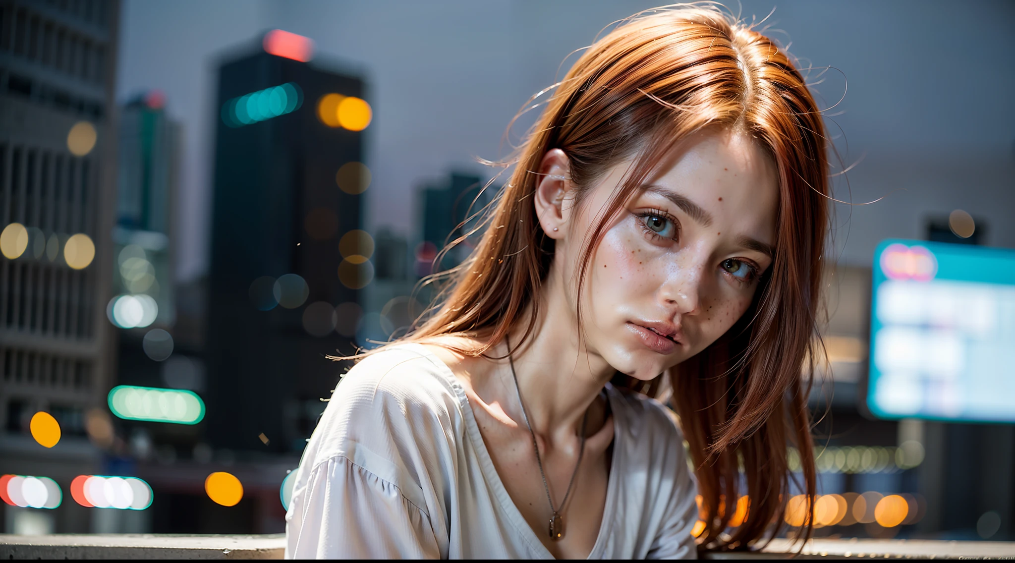 award-winning photo from waist up, portrait of a girl, redhead, freckles is sitting on a balcony, cyberpunk white shirt with V-neckline, breast visible through white T-shirt, slate atmosphere, cinematic, faded colors, dark shot, no sound colors, grainy film, insane details, intricate details, hyperdetailed, close-up, twilight, cyberpunk city background