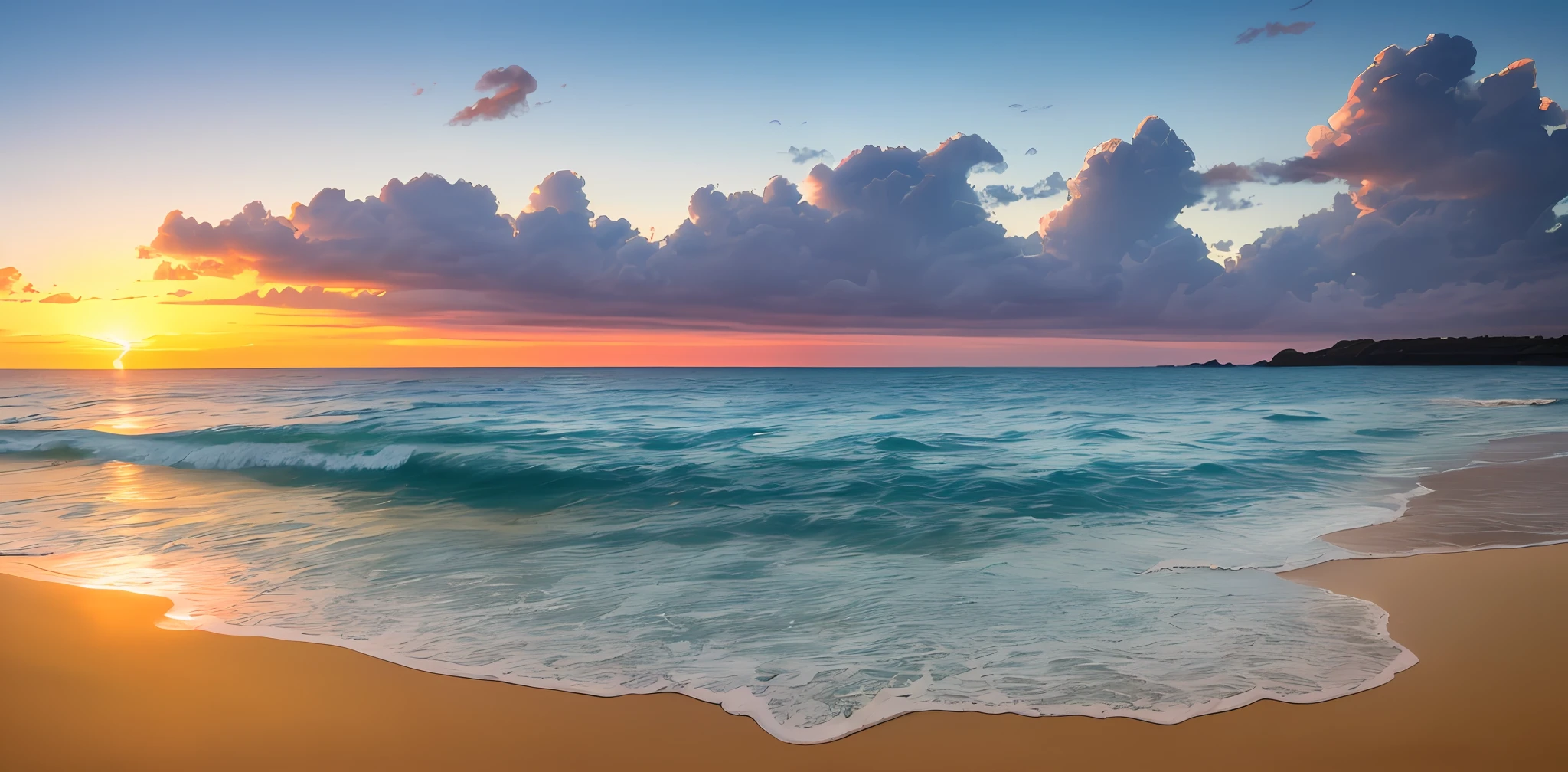 Absolutely mesmerizing sunset on the beach, The sky is shining with golden yellow, The water is crystal clear, Kiss the sea gently, The scene is very dynamic, Breathtaking, Immerse yourself in a calm atmosphere, The warm sun surrounds you, Ultra-Wide Angle, f/16, Sony FE GM, panorama, film grain, UHD, high quality, highres, 16k