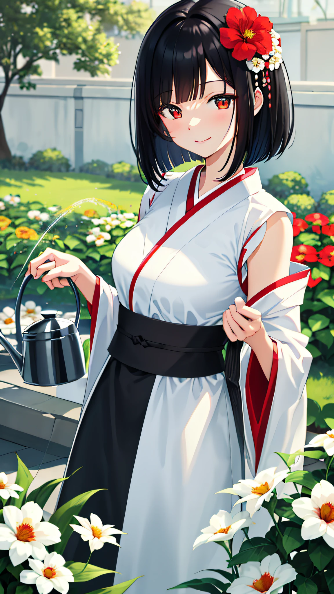 (highest quality), ultra high definition, high definition, ((masterpiece)), animation, 18 years old anime woman, white and beautiful skin, beauty, beautiful black hair, bob cut, red flower hair ornament, beautiful red color eyes, smiling kindly, white and gorgeous floral kimono, detailed florist, upper body, kpop idol, girl alone, big, cute face, watering flowers with a watering can, kind eyes,