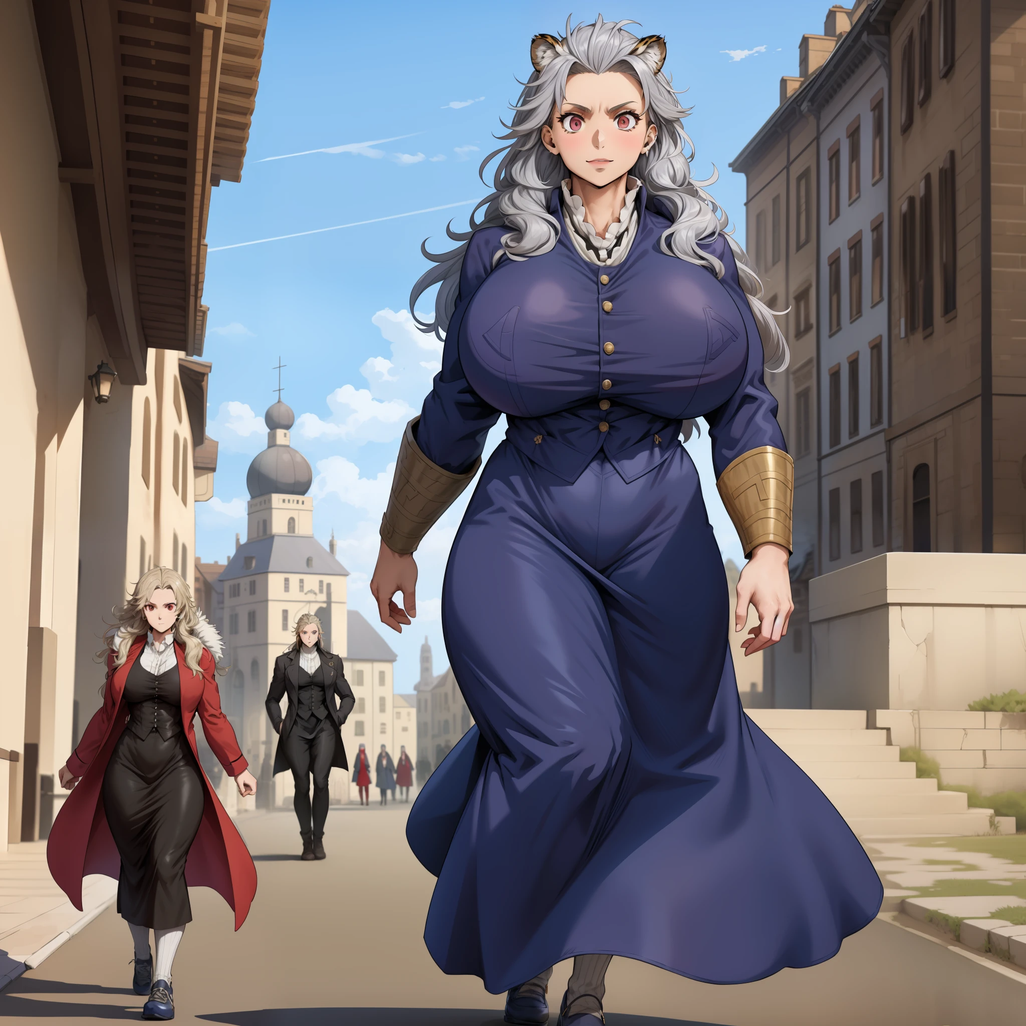 noi,muscular girl, huge chest, tall woman, curved, coat, nun, priestess, vest, pants, skirt, modest, coat, walking, long dress, long dress, victorian clothing, fur clothing,shirt, tiger ears, long skirt, 1girl, 1character, forest village, medieval, europe, solo focus