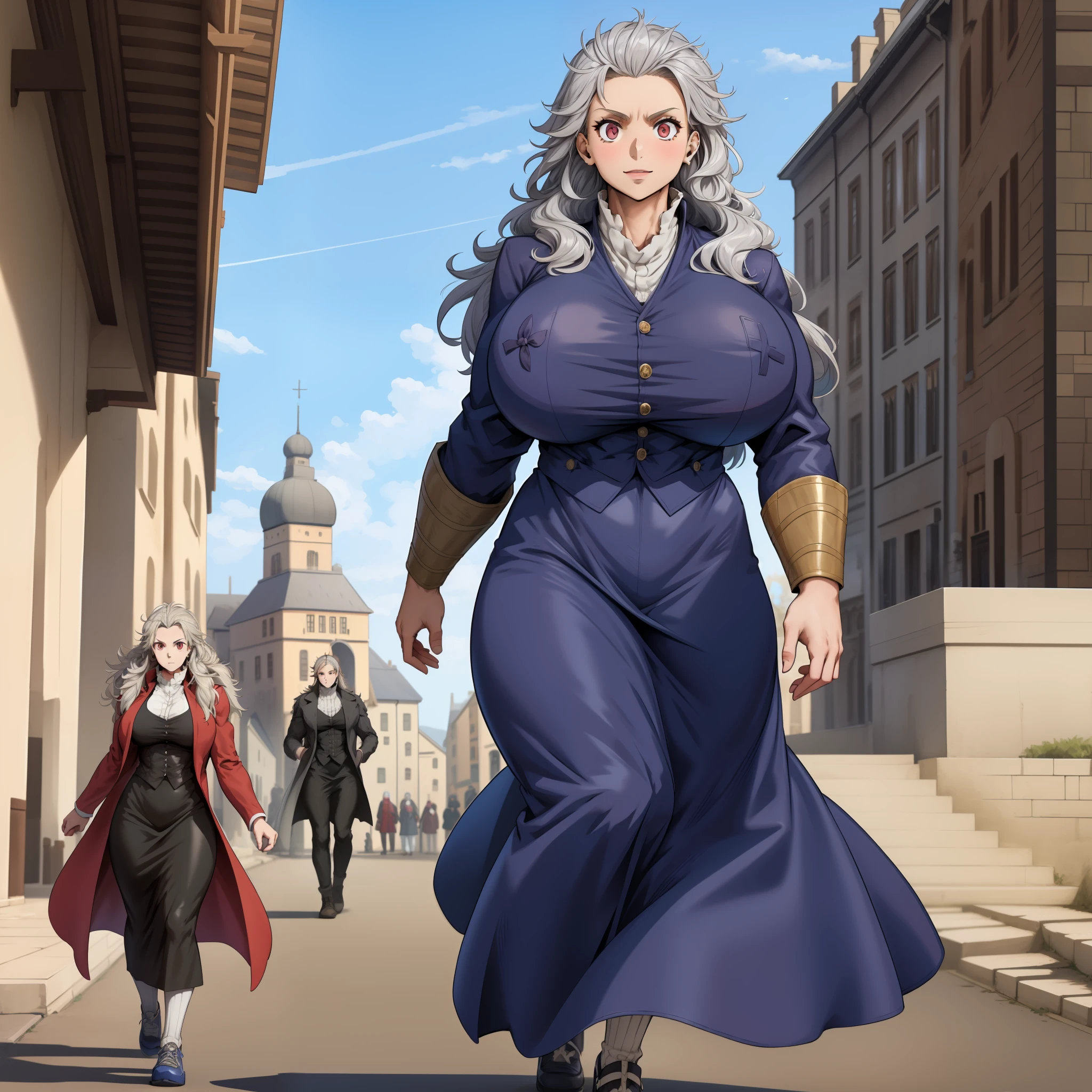 noi,muscular girl, huge chest, tall woman, curved, coat, nun, priestess, vest, pants, skirt, modest, coat, walking, long dress, long dress, victorian clothing, fur clothing,shirt, tiger ears, long skirt, 1girl, 1character, forest village, medieval, europe, solo focus