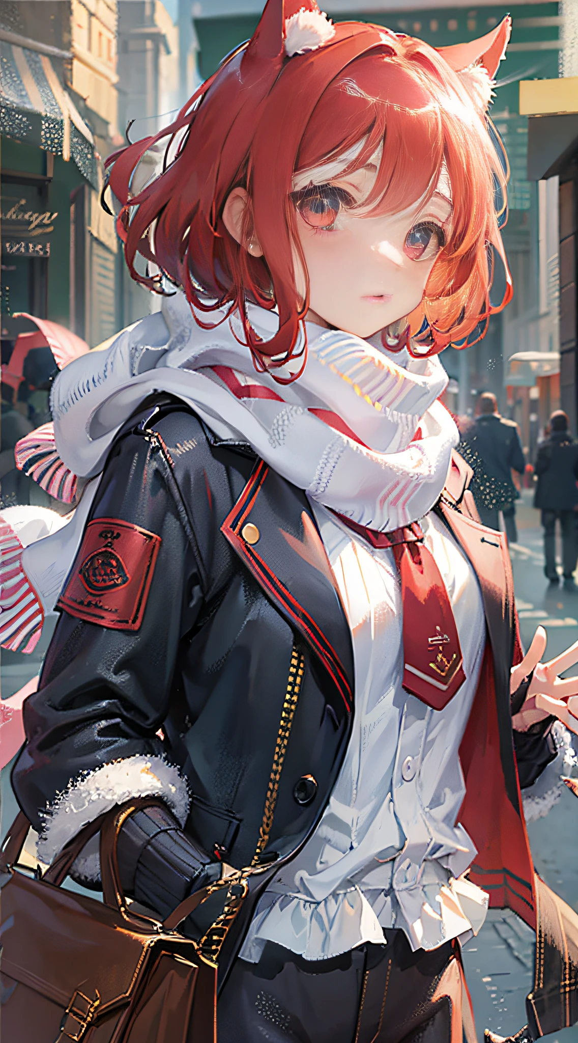 Masterpiece, best quality, 1girl, redhead, medium hair, cat ears, open eyes, look at the audience, :3, cute, scarf, jacket, outdoors, streets