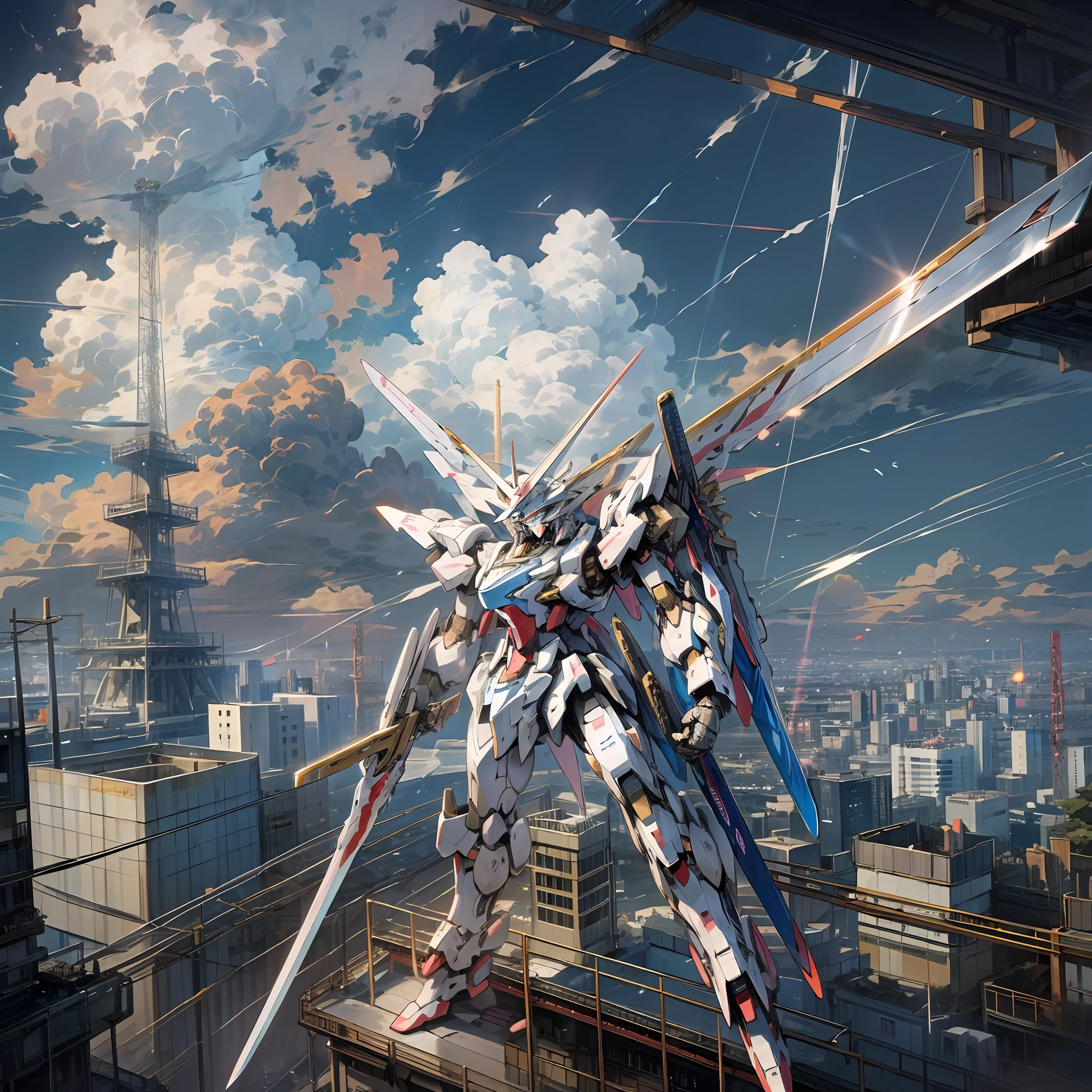 sky, clouds, holding_weapon, no_humans, 1machine, camera gaze, gundam, golden, (with Japan sword: 1.3), dual-wielding, Japan city, lots of buildings, glowing_eyes, science fiction, (Japan buildings), urban, reality,