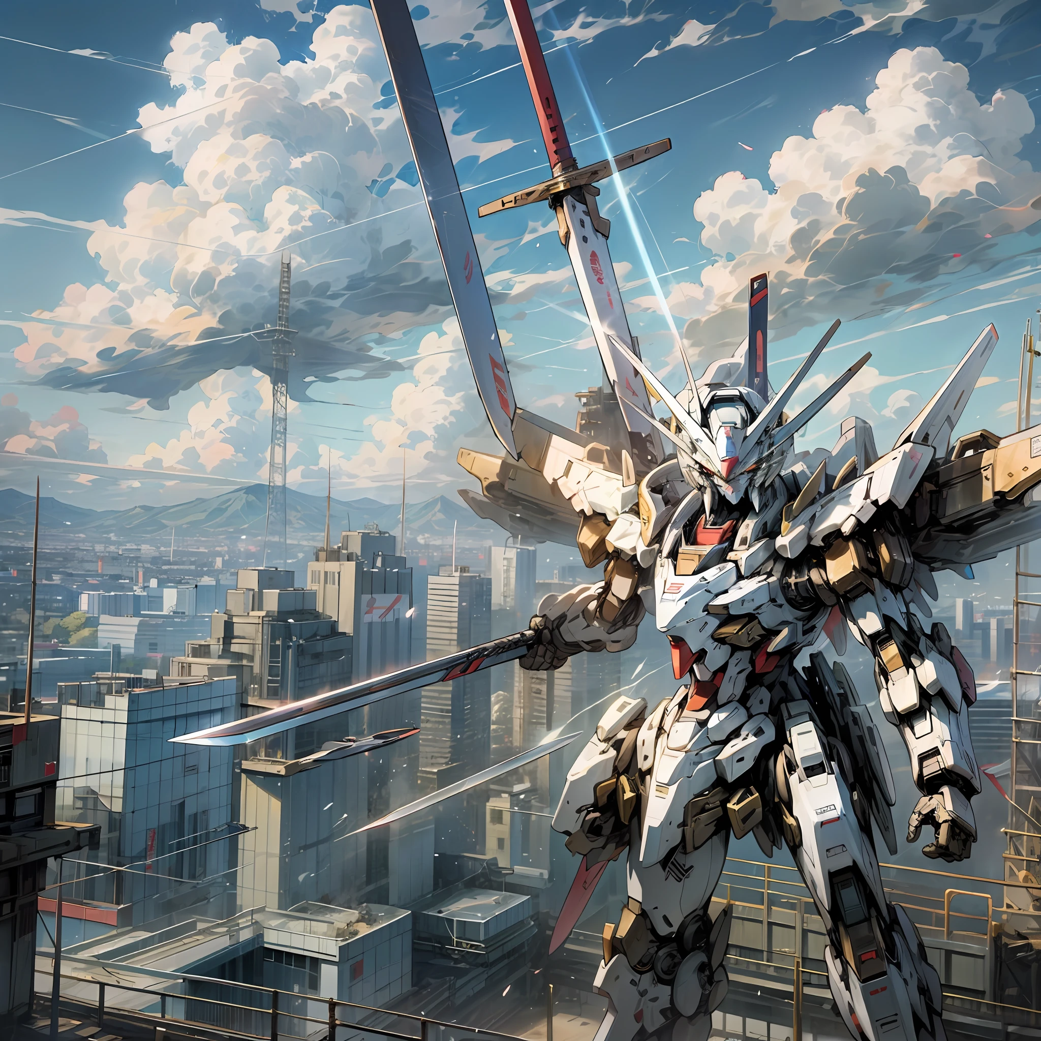 sky, clouds, holding_weapon, no_humans, 1machine, camera gaze, gundam, golden, (with Japan sword: 1.3), dual-wielding, Japan city, lots of buildings, glowing_eyes, science fiction, (Japan buildings), urban, reality,