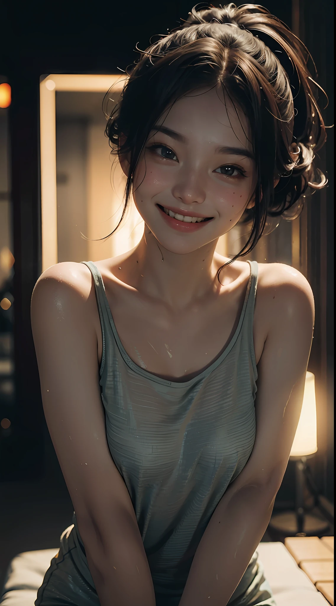 Top quality, masterpiece, ultra high definition, (Reality: 1.4), Original photo, 1Girl, cinematic lighting, smile, bright, photo-like, sweaty, face red, pose to take photo
