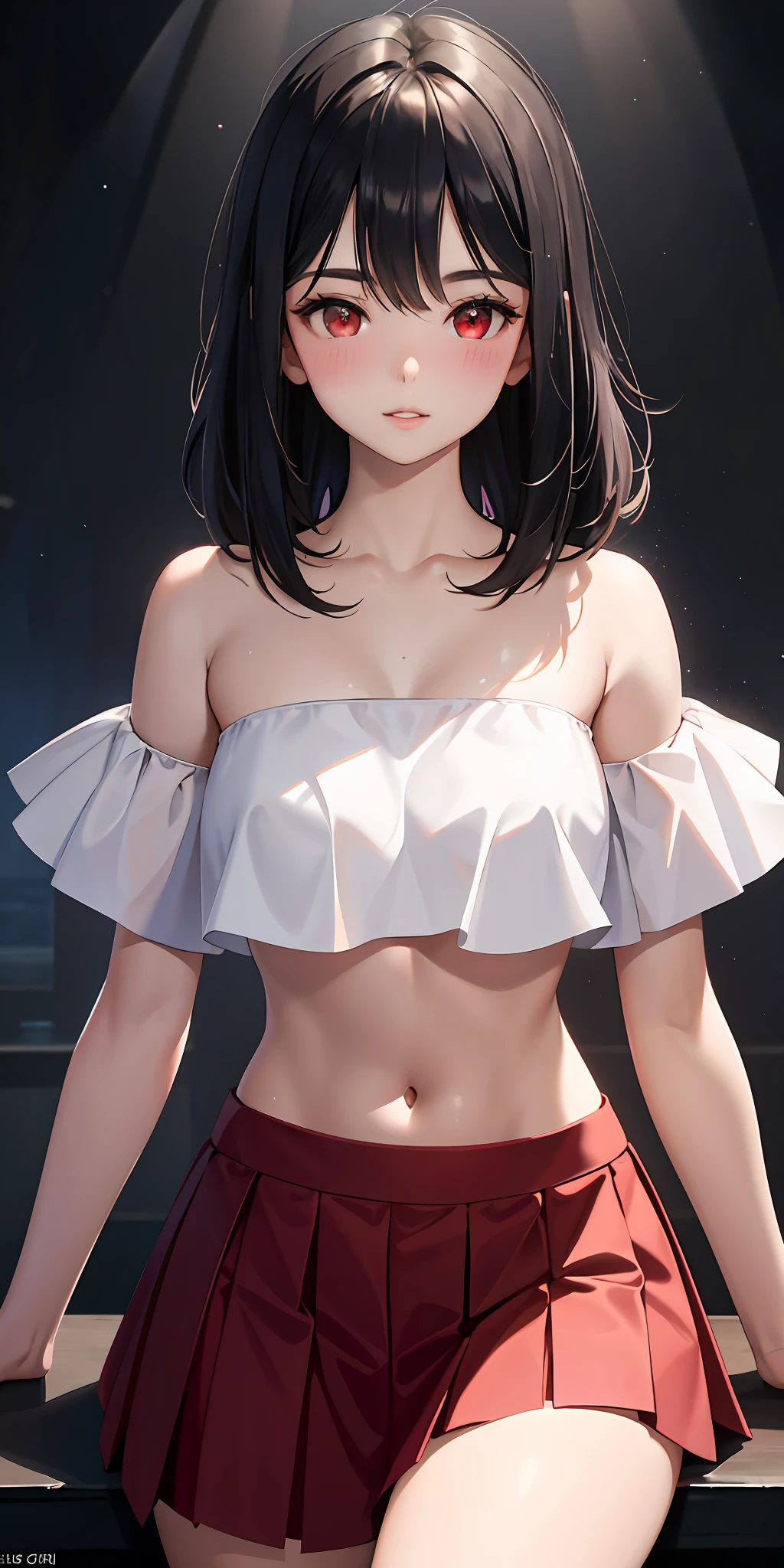 1girl, parted lips, blush, makeup, light smile, black hair, red eyes, crop top, ((topless)), skirt, light rays, glow, thighs, collarbone, narrow waist, (masterpiece), wallpaper,nsfw,