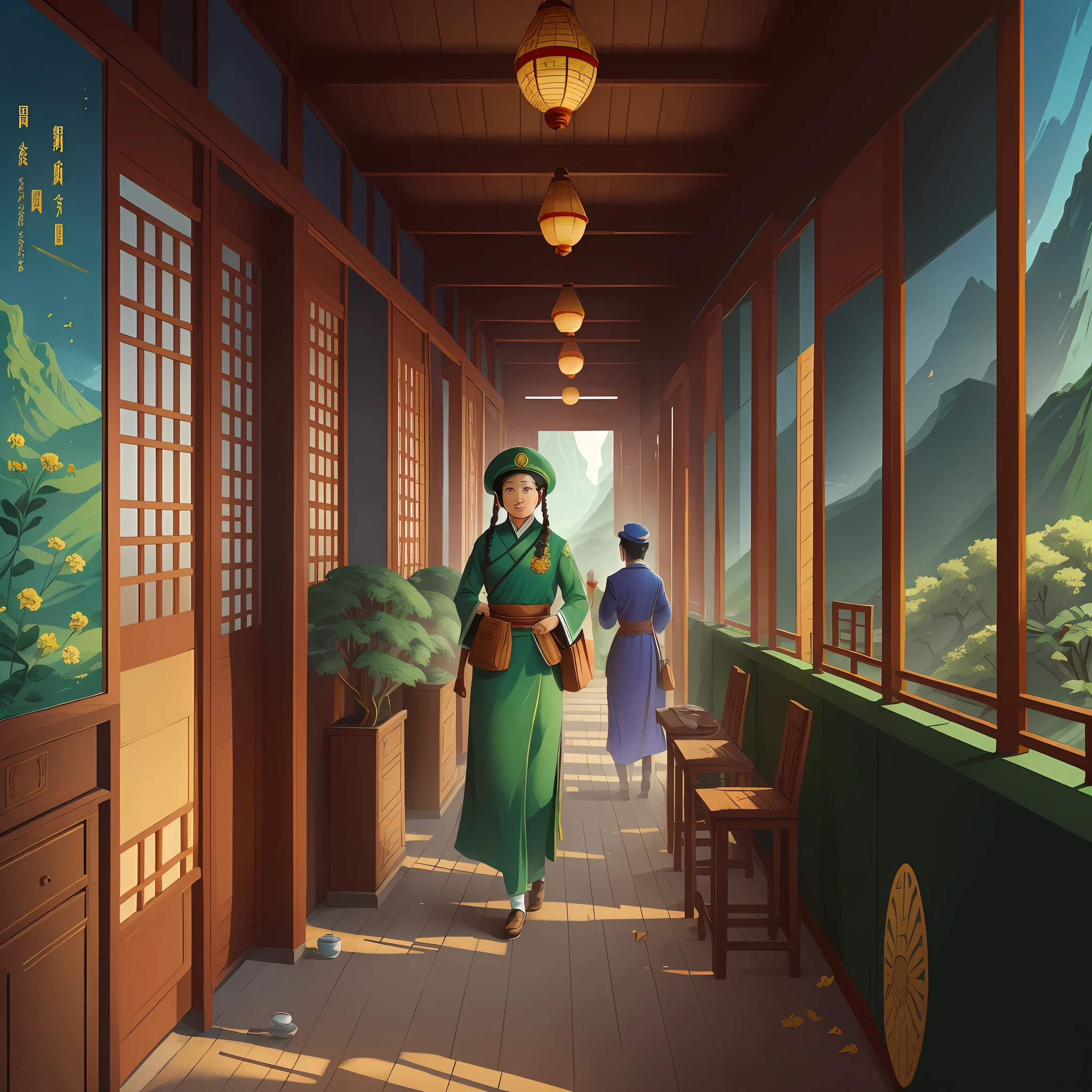 There is a woman walking down a long hallway with a bag - SeaArt AI