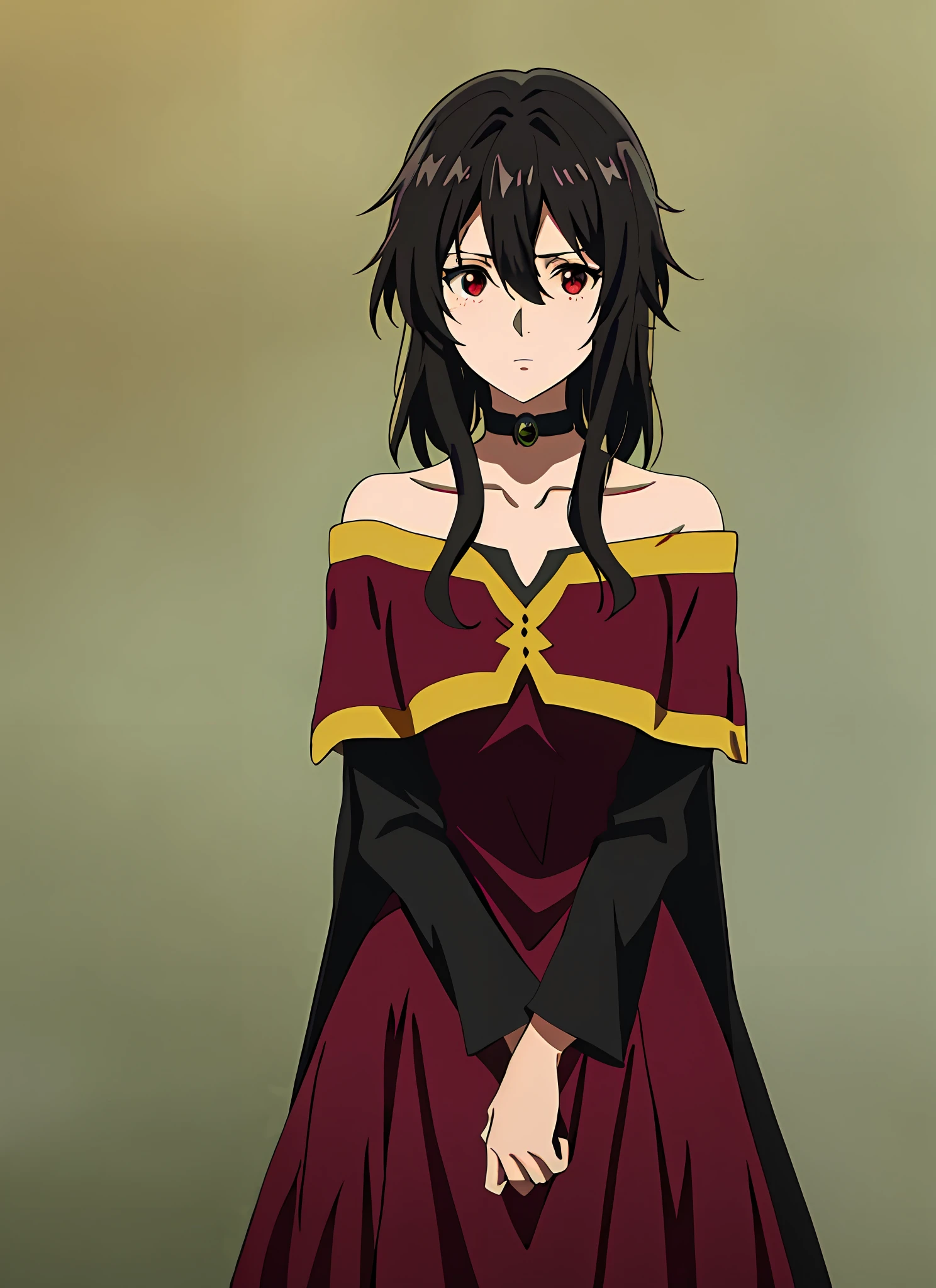 violet evergarden masterpiece, best quality, megumin, 1girl, bare shoulders, black cape, black gloves, black hair, cape, choker, collarbone, dress, hair between eyes, hat, long sleeves, looking at viewer, medium hair, off-shoulder dress, off shoulder, red dress