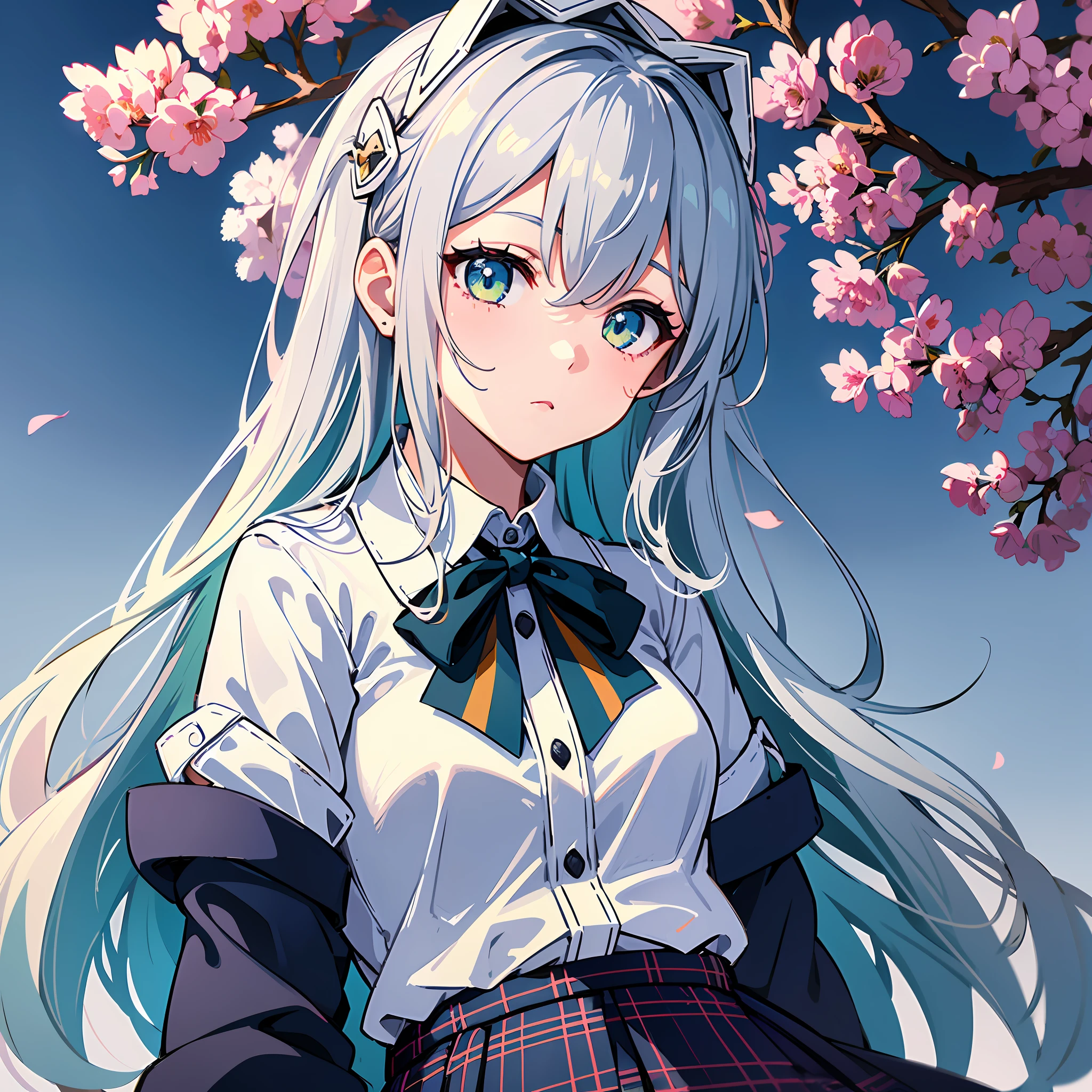 1girl, (masterpiece:1.1), (best quality:1.1), (white blouse:1.1), (plaid skirt:1.1), school uniform, high-waisted skirt, break [blue:pink:0.5] theme, (gradient background: 1.1), denim shot, break silver hair, long hair, green eyes, delicate headdress, sideways, anime --auto --s2