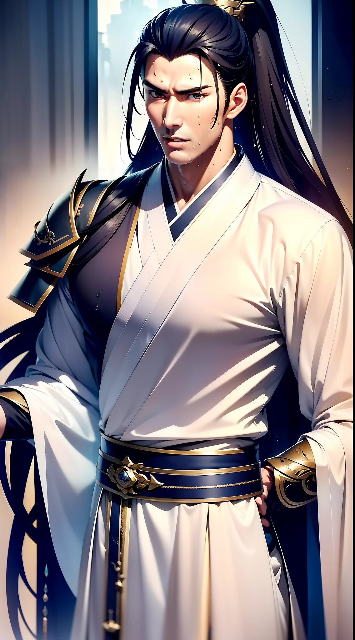 Two-dimensional, anime style, man (male warrior), muscle, correct proportions, face details, martial arts, high ponytail hairstyle, sweating, sweaty face, drooling, neck details, with Adam's apple, wet, wet, Hanfu costume, long robe, embroidered robe, dragon robe, clothing details, collar, long sleeves, game quality, swordsman demeanor, light and shadow tracing, ray tracing, detail glow, CG rendering, hair details, long black hair, golden eyes, sweaty face, handsome, handsome, sweat beads slipping down the neck, (juvenile feeling), complex clothing, wet, wet, perfect composition, refinement, high quality, more details, a lot of details, complex background, atmosphere,