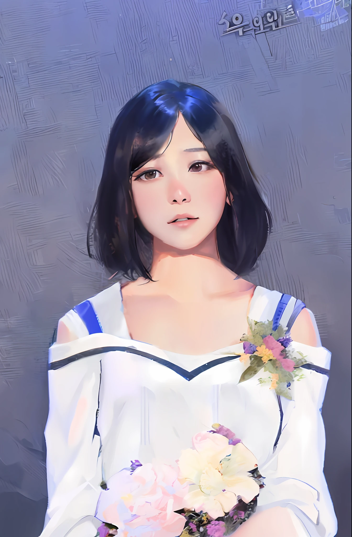 A close-up of a man holding a bouquet of flowers, a portrait of a Korean female idol, she has black hair with bangs, short hair length to her shoulders, white suspenders, and no clothes around her neck and chest --auto --s2