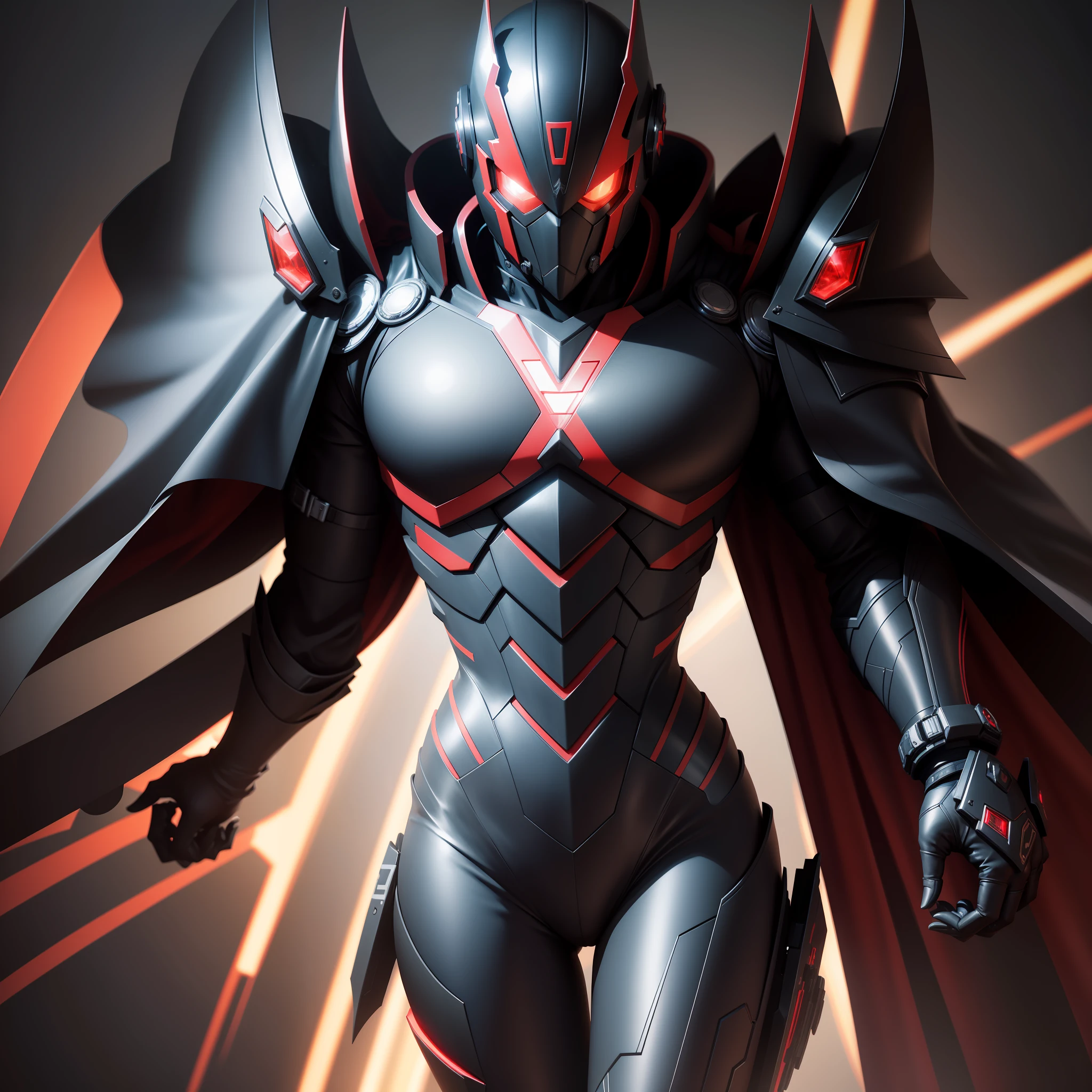 a close up of a person in a black outfit with a red cape, kamen rider character, crow in cyber armour, high fantasy kamen rider, kamen rider, kamen rider action pose, full body x-force outfit, new costume concept design, clear outfit design, trigger anime artstyle, black armored uniform, clothed in stealth armor, style of red line anime movie,Surrealism, high detail, modern, modern, cinematic lighting, close-up, 8k, super detail, UHD, anatomically correct, high quality, super detail, high details, best quality, highres