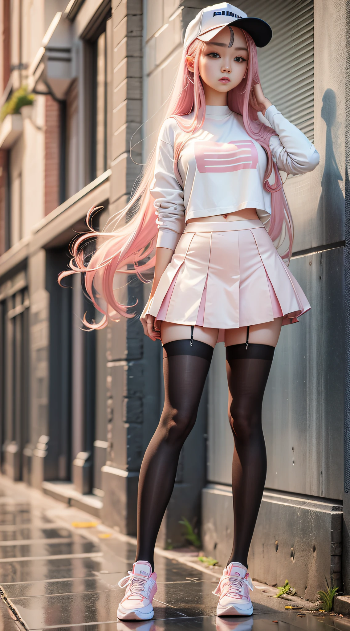 Model photo, white sneakers, black stockings, miniskirt, pink long hair, full body photo, full lens body photo --auto --s2