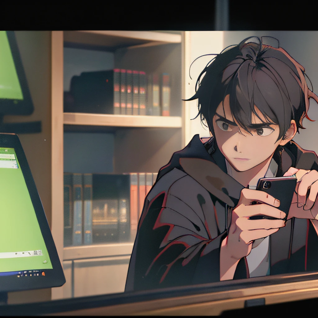 A 20-year-old boy wearing a black robe, A nervous expression, bed room, Sofa, computer, holding cell phone, brown hair, black hair, anime, ray tracing, pov, Canon, masterpiece, textured skin, high quality, highres