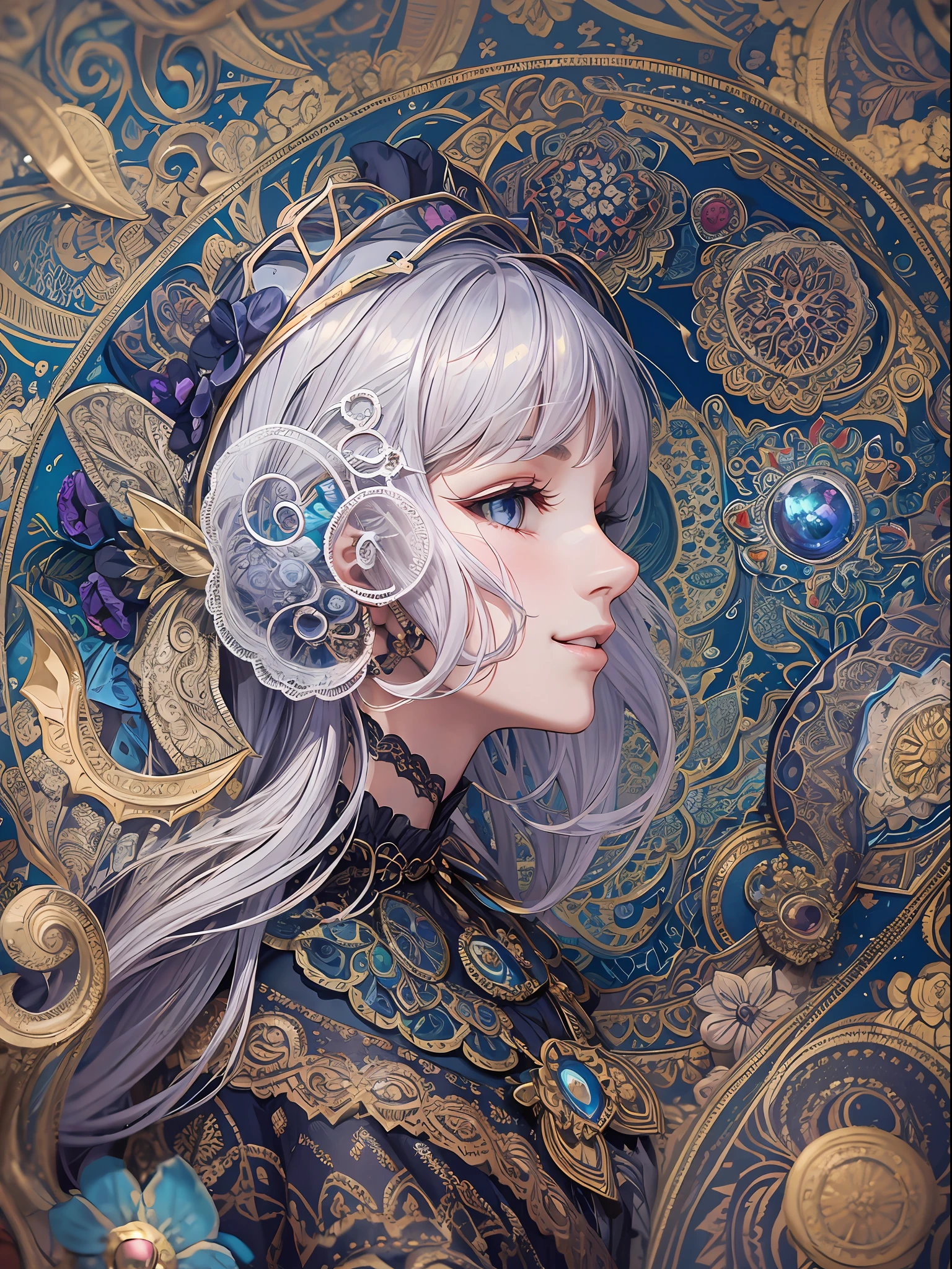 Masterpiece, High resolution, wide angle, detailed Paisley patterned wall, intricately drawn paisley pattern, deep composition, 10,000 colors, colorful, craftsmanship, 1 girl, 9 life, looking at the viewer, smiling, silver hair,, diamond ornaments, colorful decorations, backlit, grains of light fluttering, detailed Gothic, (Maximalism: 1.6), diffused lighting, (depth of field:1.3), Gothic Lolita, Bird's-Eye View, Light Up