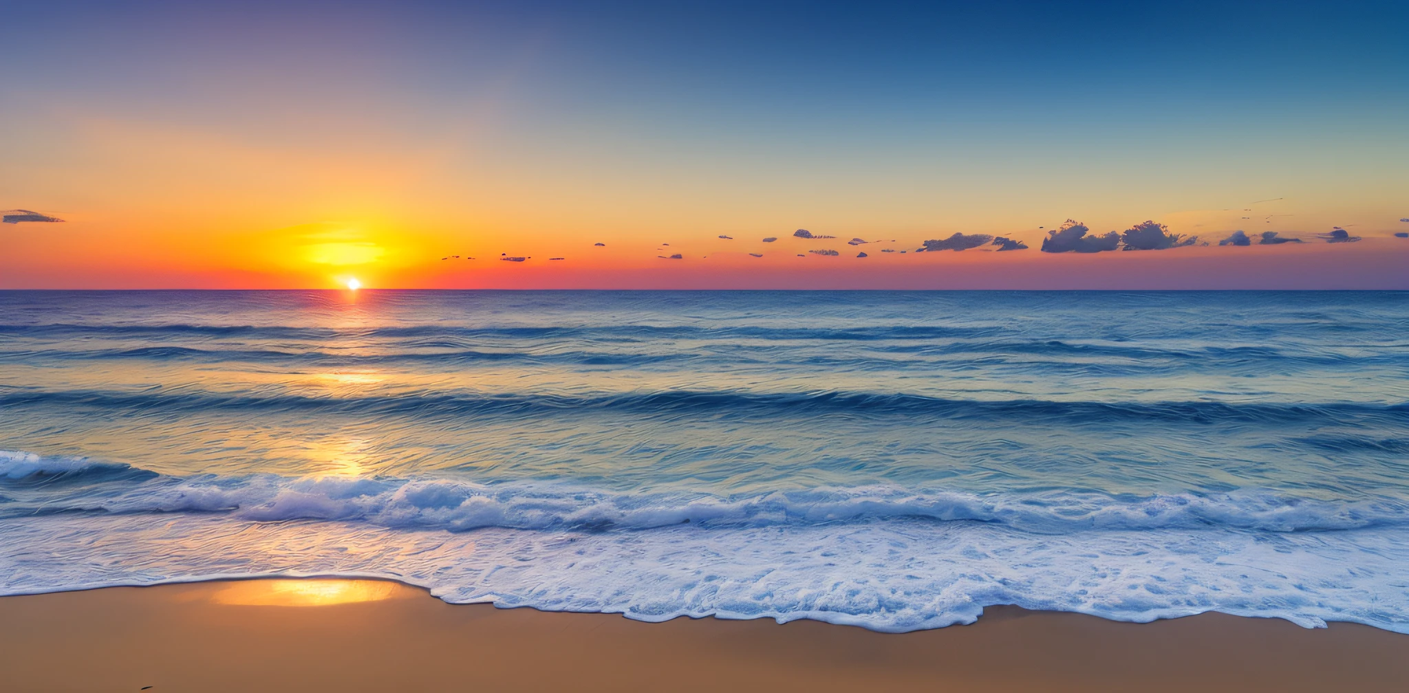 Absolutely mesmerizing sunset on the beach, The sky is shining with golden yellow, The water is crystal clear, Kiss the sea gently, The scene is very dynamic, Breathtaking, Immerse yourself in a calm atmosphere, The warm sun surrounds you, Ultra-Wide Angle, f/16, Sony FE GM, panorama, film grain, UHD, high quality, highres, 16k