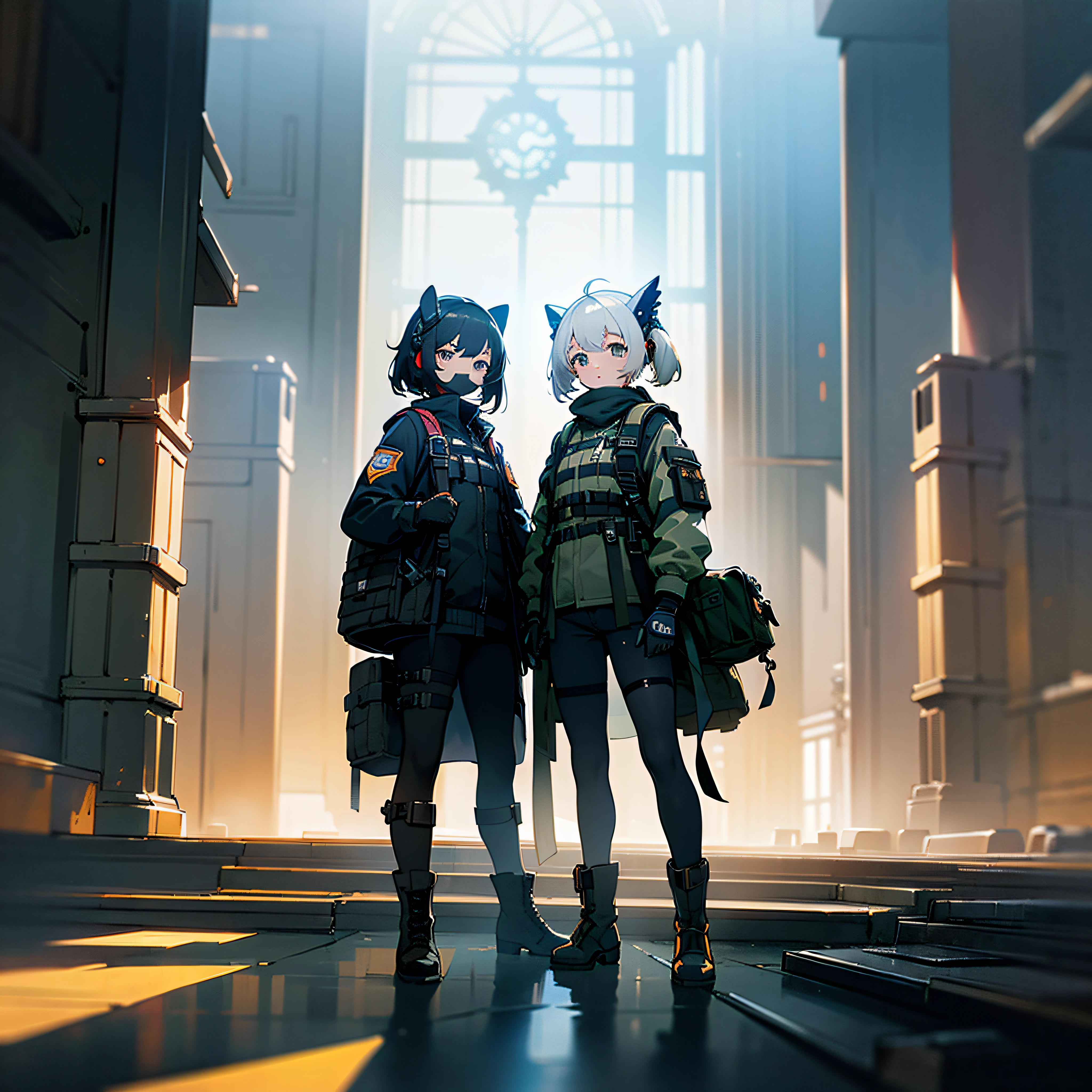 ((high quality)), ((masterpiece)), 8k, 2girls, bulletproof vest, rays of light, extremely detailed CG unity 8k wallpaper, game cg, looking at viewer, gloves, boots, full body, watch, computer, mask, no Man-machines, hand-held weapons, headsets, jackets, bags, backpacks,