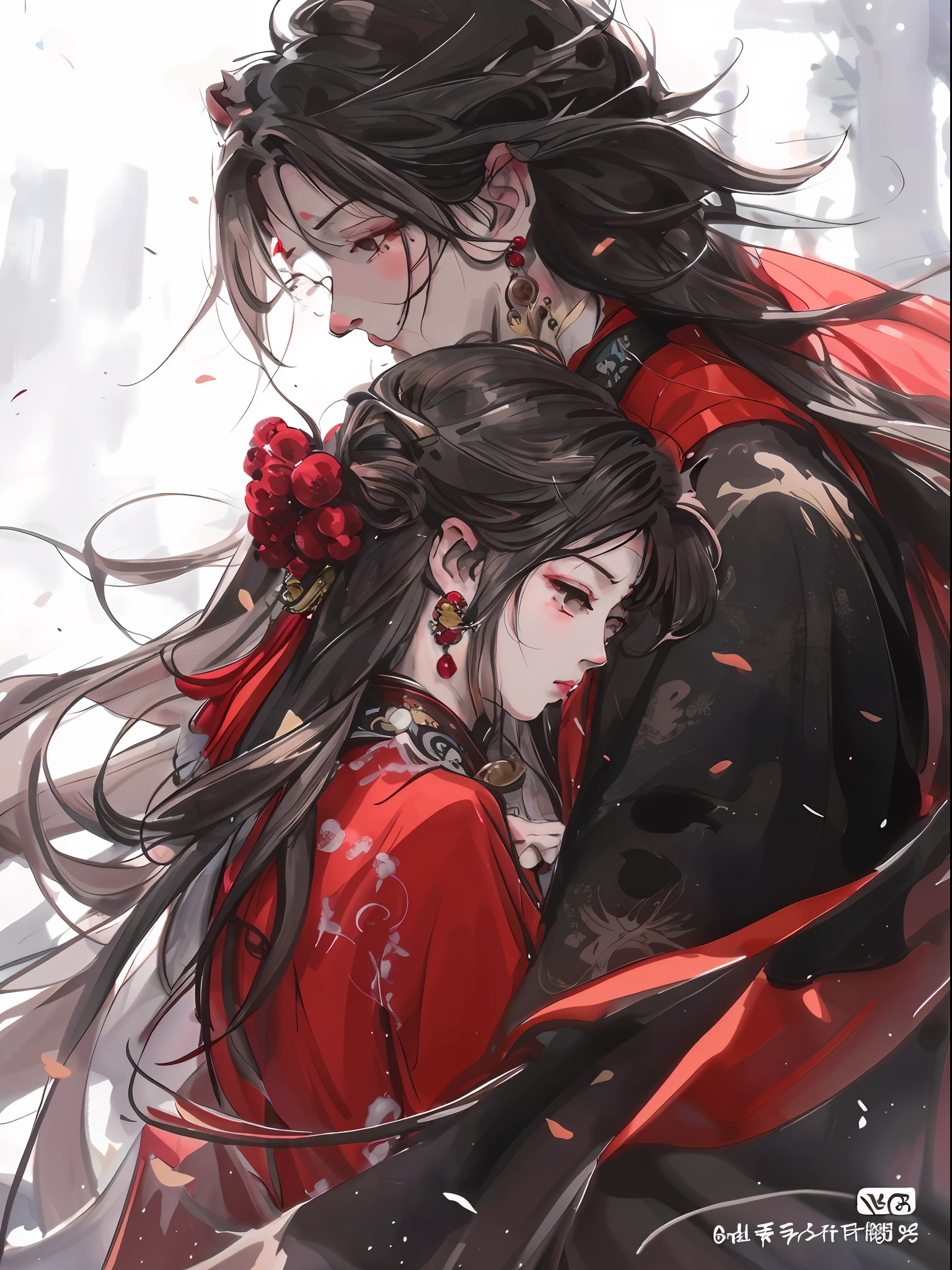 anime couple in red and black dress hugging each other, by Yang J, flowing hair and long robes, by Ye Xin, by Li Song, by Ni Tian, guweiz, by Chen Lin, artwork in the style of guweiz, by Zhou Fang, by Leng Mei, xianxia fantasy, wuxia, by Liang Kai