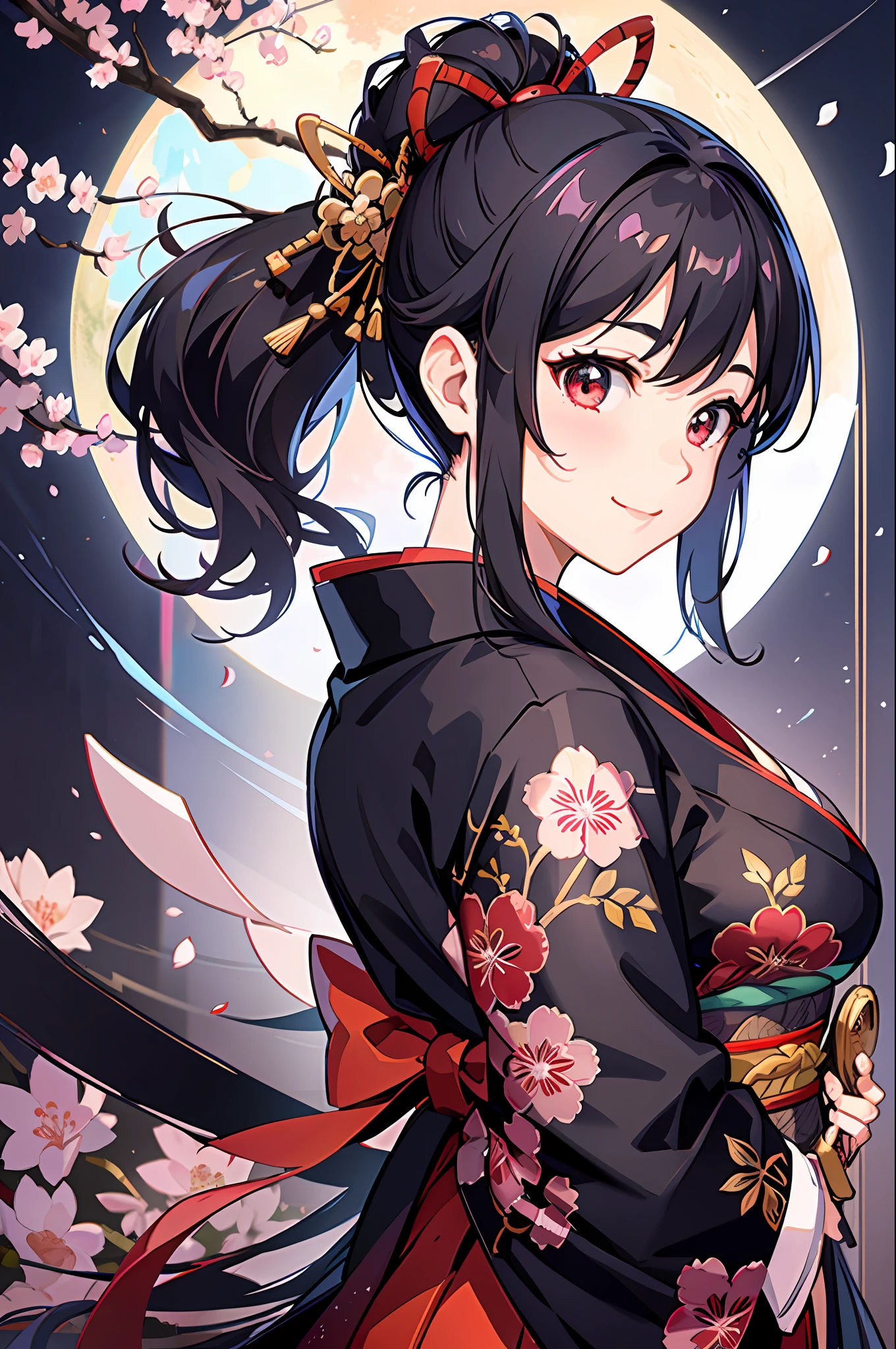 masterpiece, Hi-Res, Top quality, 1 girl solo, smile, kimono, masterpiece, super high quality, super detail, perfect drawing,CG,3D,8k,illustration,beautiful face girl,one beautiful girl, samurai costume, black hair, ponytail, big red ribbon, kimono, obi katana, tachi, wakizashi, double point, hakama, dignified expression, cute smile, big, cleavage emphasis, disheveled costume, round cute ass, background is night cherry blossom and huge red moon