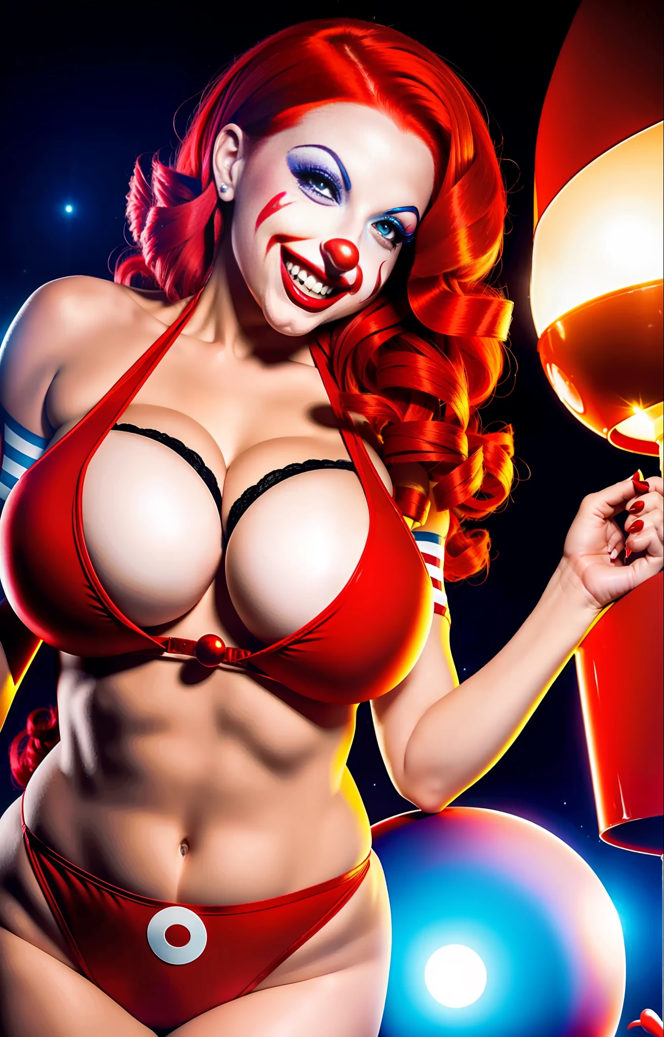 Clown woman, beautiful with big light red hair,(big boobs),beautiful curves,with sexy clown outfit,with cleavage,(perfect)8k,in the background a luminous circus at night and she is eating an ice cream,with a sexy smile