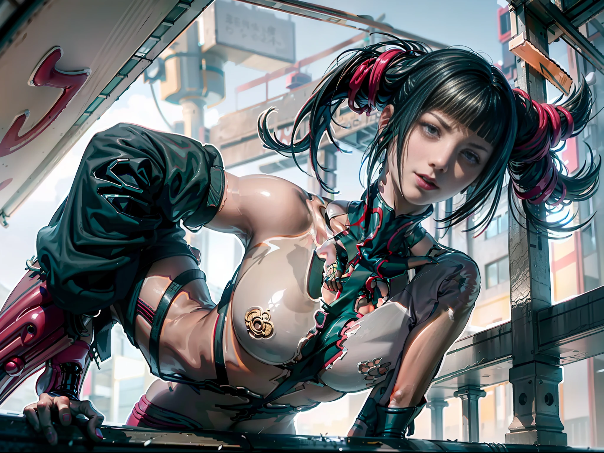 Oily body, Moist body, Fluid-rich body,ray tracing, cinematic lighting, from below, Eye-Level Shot, f/1.8, anatomically correct, textured skin, super detail。 Perfectly symmetrical body. Place one leg on the ground, bend the other, and spread the legs apart. (Sexy Eyes) (Seductive Eyes) Detailed Cyberpunk Background: 1.1) Underground Street Style Background, (Clothes Wet with Water) (Completely Clear Plastic Top) (Red Slip Stockings, Red Stockings, Highlighter Stockings) Fleshy thighs tightened by red High gloss Slip Stockings, huge sagging breasts. (open neckline, transparent high-forked low-neckline cheongsam, revealing red high-gloss X-shaped bra under transparent tulle), outermost transparent gauze on body, painting, (best quality, 4k, Masterpiece: 1.4), Beautiful Woman, Surreal, 1 Girl, ((Facing the viewer, stroking the side of your chest with both hands)), (Sagging huge breasts, charming body: 1.8), Side lying: 1.6, Brunette : 1.8, (Wet Rain, Rain Wet, Wet Body: 1.7), Ultra-detailed face, Detailed lips, Detailed eyes, Double eyelids, Sexy low-necked dress, Open neckline, Hanging breasts, Side pose, Visible curves, Pool Party, Poolside, Clear Clothes, Muscle-turning legs