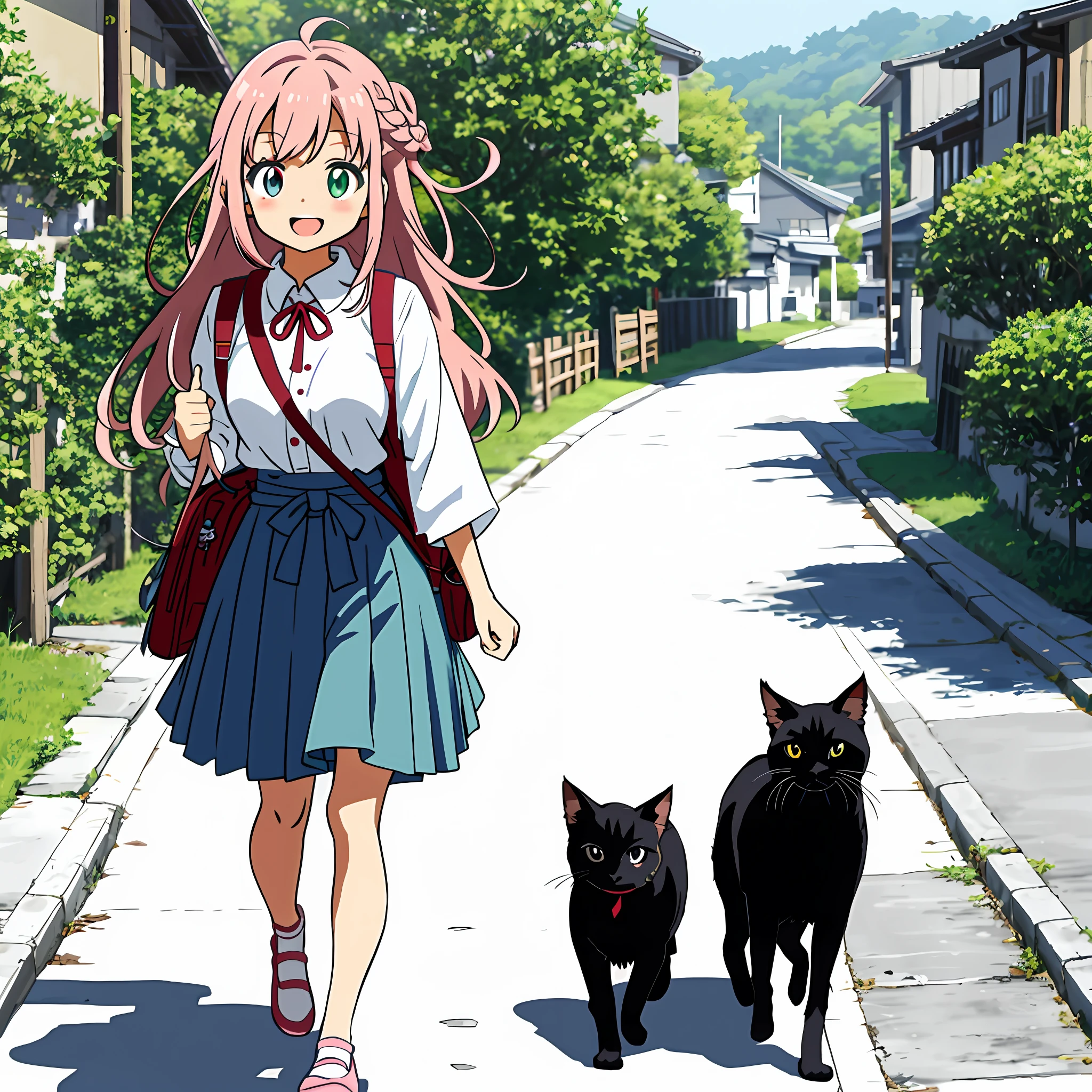 Anime illustrations in the style of "Kyoto Animation", highest quality, (cute: 1.1), (cute), (high resolution: 1.2), incredibly ridiculous: 1.3, incredibly fine illustrations, break 1 beautiful girl, Solo, (heterochromia, light blue eyes and light green eyes), silhouette of star eyes, solo, standing figure, happy, :d, princess eyes, big breasts, break, braid, light pink hair, semi-long hair, red ribbon at the end of braid, carrying a rucksack, small black cat towards you, break, angle from the front, National Route 310 in Japan, walking on the sidewalk, June 17 o'clock, there are many cars