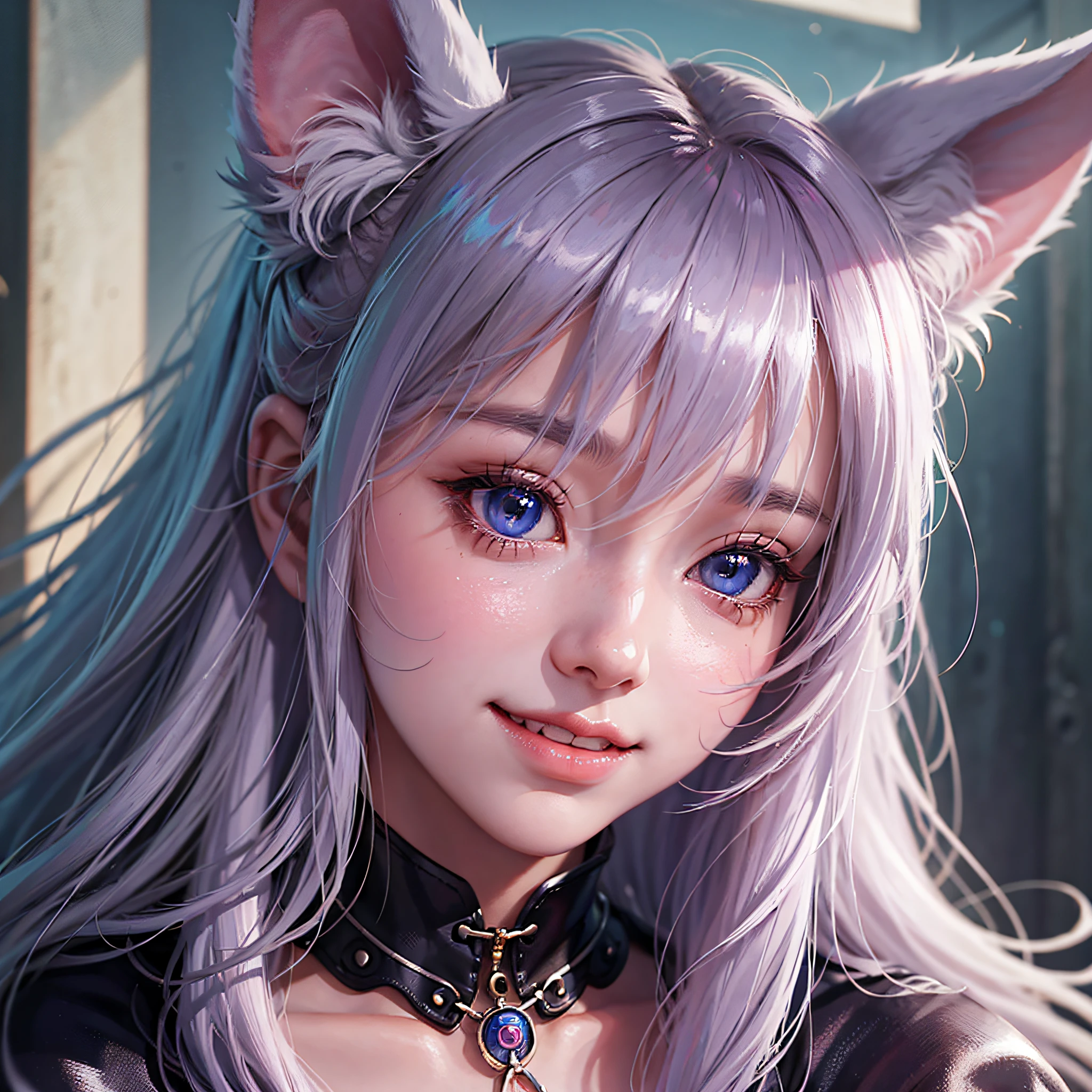 wince, longeyelashes, solid circle eyes, fake animal ears, light smile, ear blush, fang, whit hair, long long hair, drop shadow, anaglyph, stereogram, tachi-e, pov, atmospheric perspective, anime style, 8k, super detail, ccurate, best quality --auto --s2