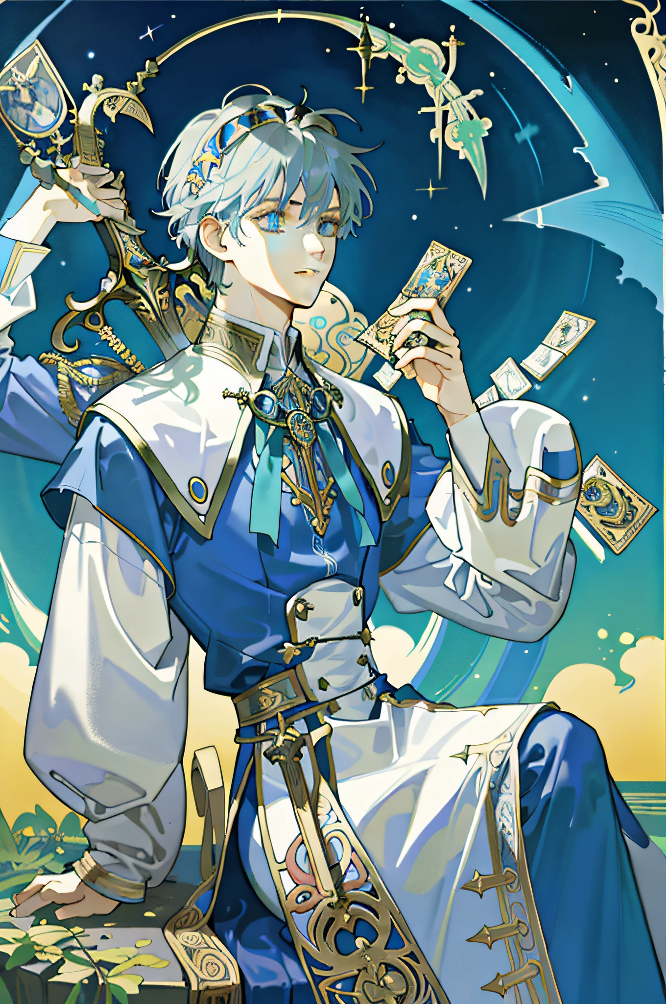 Masterpiece, best quality, 1 male, teenager, fool \ (tarot card \), bard, pope, symbolism, visual arts, occult, universal, illusion casting, philosophy, iconography, numerology, popularity, art, Alphonse Mucha