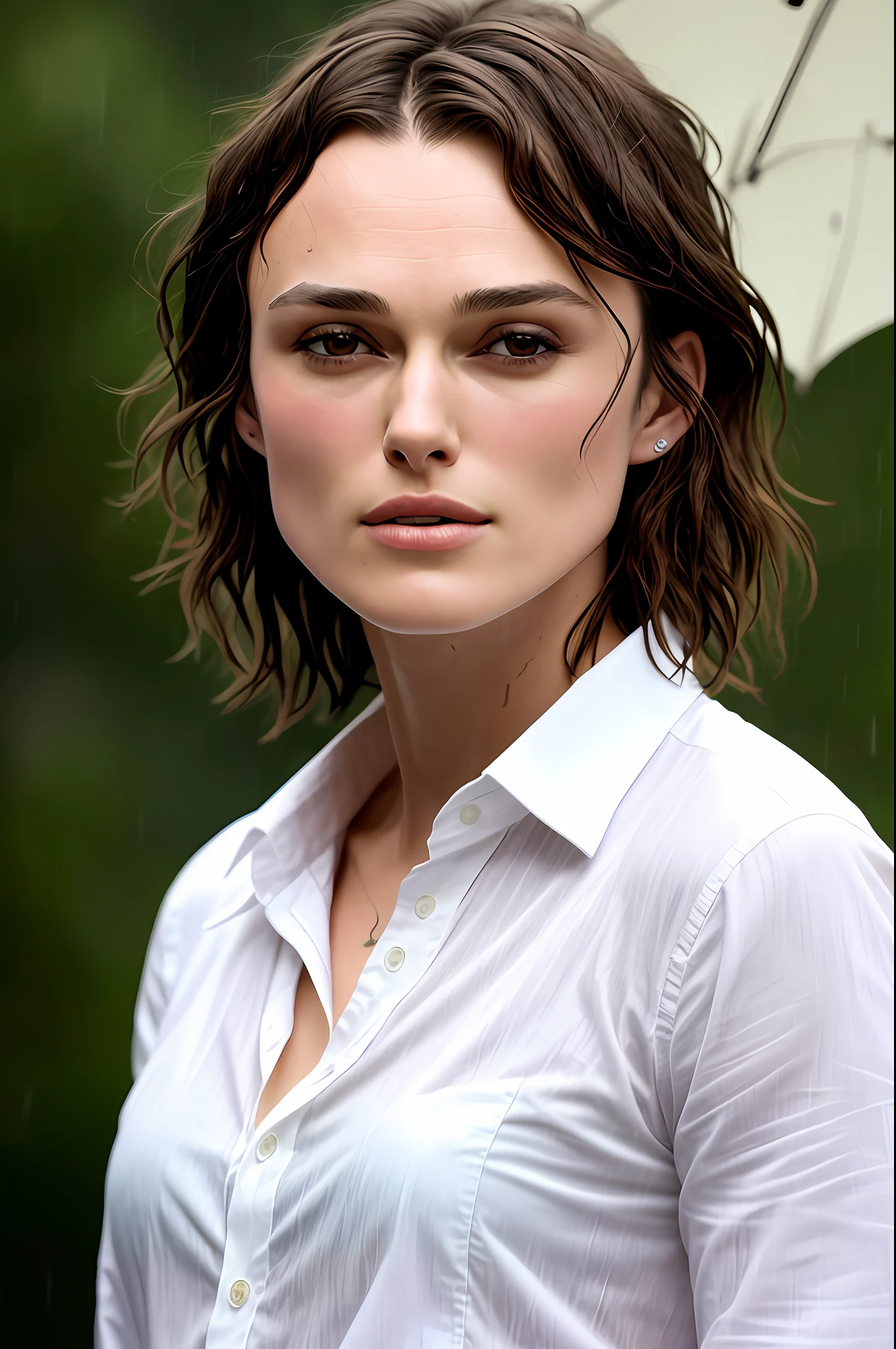Keira Knightley, white shirt, unbuttoned, clean face, no makeup, natura, wet, rain, portrait, 50 mm