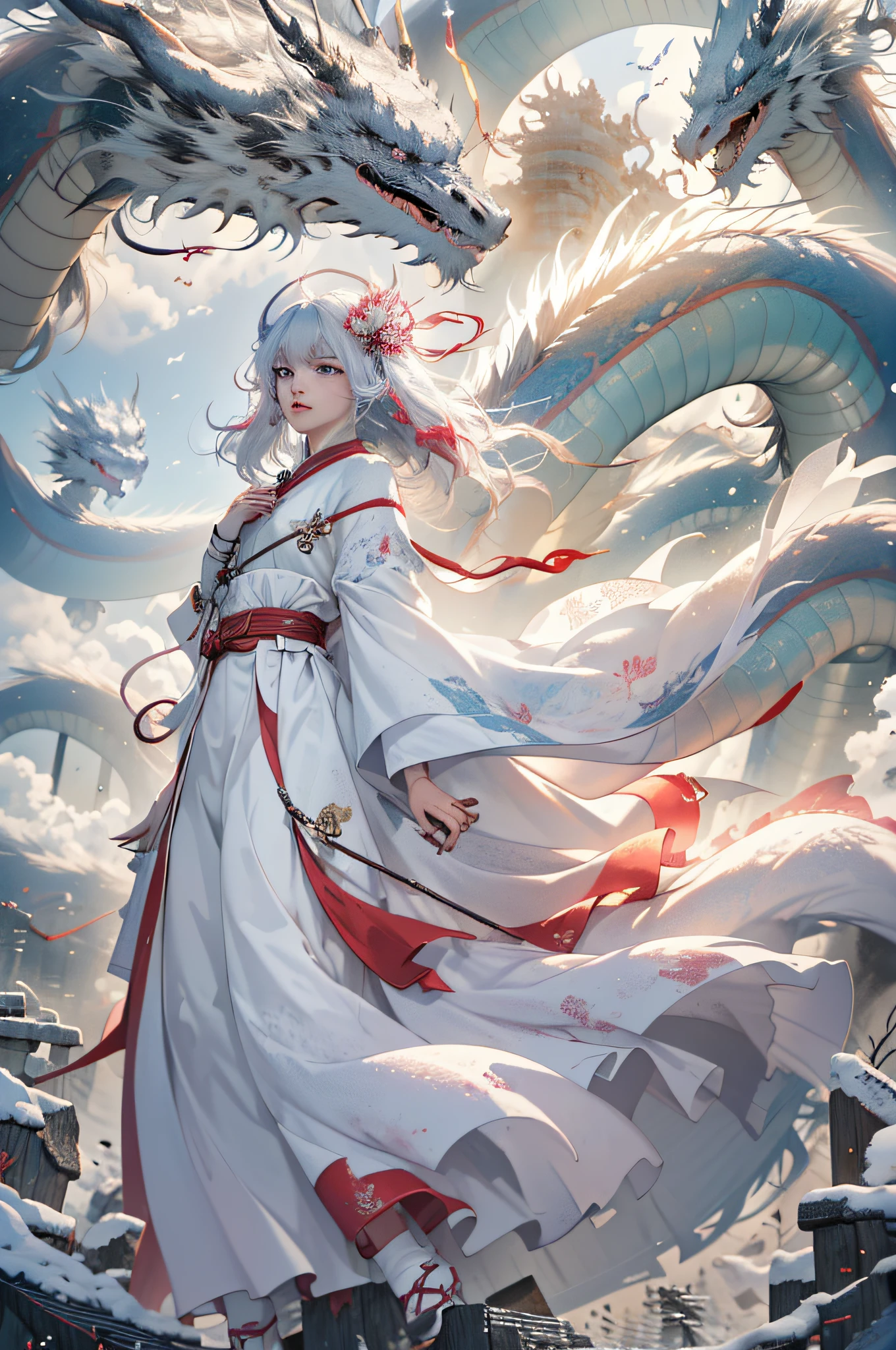 (Positive Focus),, Dynamic Lighting, Art Station, Poster, Volume Lighting, Very Detailed Faces, 8k Wallpaper, 1 White Long Hair Girl, Red Fringed Hair Ornament, Peony Flower Hair Ornament, Dynamic Perspective, Chinese Style, White Hanfu, Red Belt, Ribbon Flying, Seduction, Sexy, Traditional Chinese Ink Painting, White Clouds Surrounded, White Clouds Surrounded, Tame White Chinese Dragon, Dragon Head Facing the Same Direction as Girl, Dragon Horn White, Dynamic Perspective, Movie Lighting,
