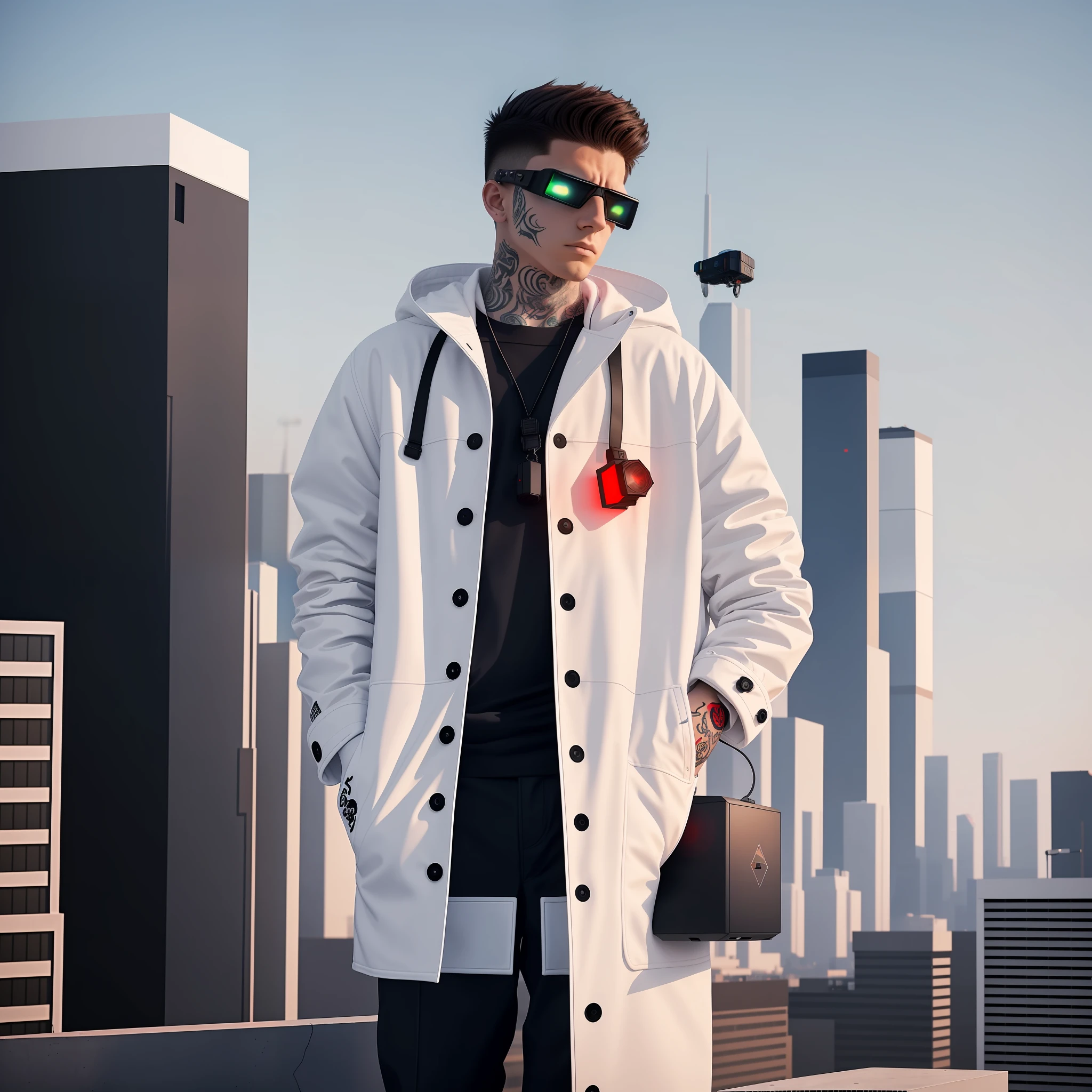 A teenager wearing a white tattooed coat with his hands in his pockets, standing on the rooftop of the building watching the traffic of the city, a black cube drone with a red electronic monocular in the center of the face suspended beside him --auto --s2