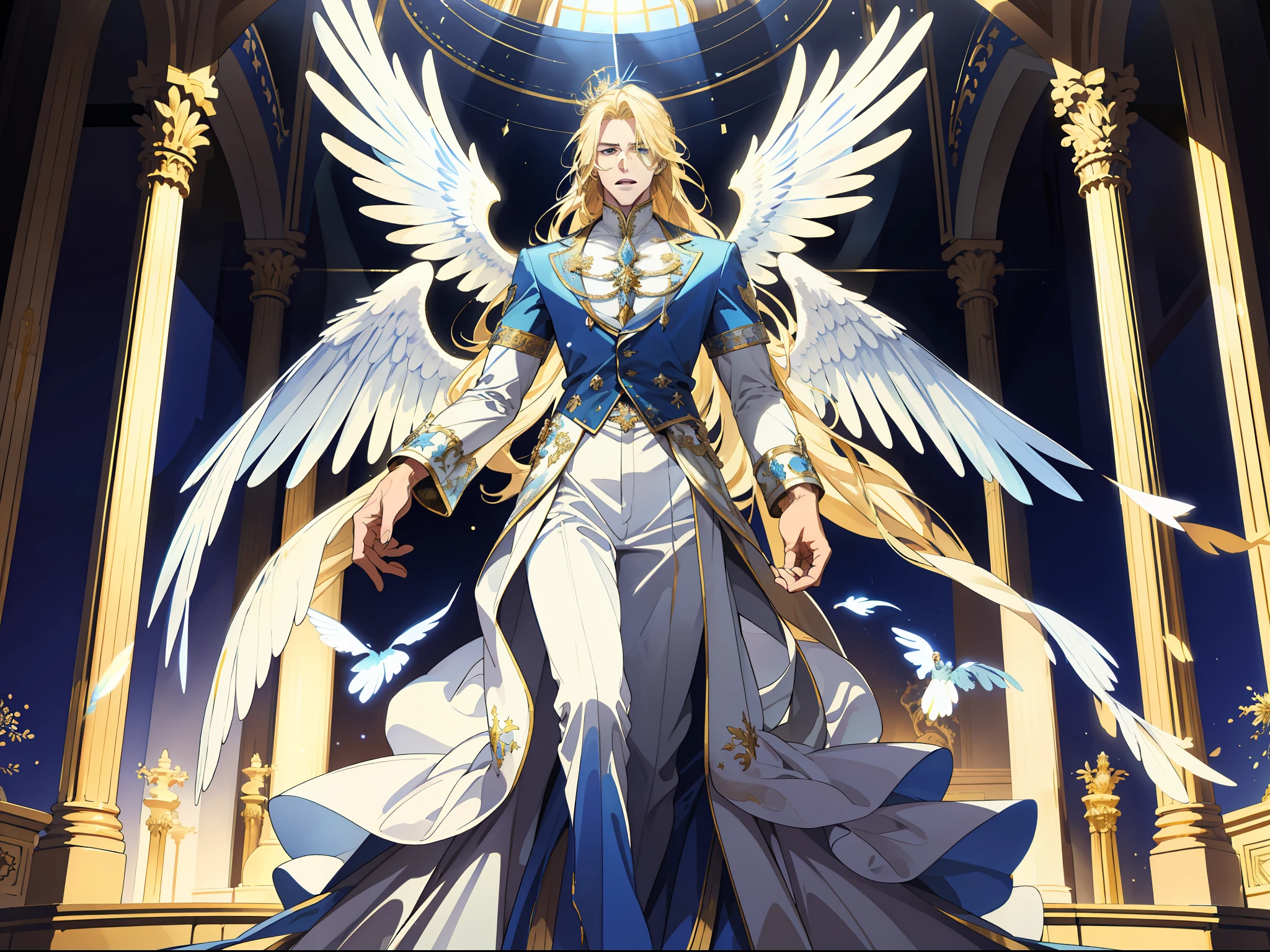 (Absurd, high resolution), (panorama) (1 male), middle-aged, long blonde hair, blue and white dress, golden decoration, (tall), serious, open mouth, hands behind back, 3 pairs of huge wings, broad arms, angels descend, palace, palatial, powerful, majestic, intense luster, white-gold dress, exquisite clothes, streamers, magic surrounding