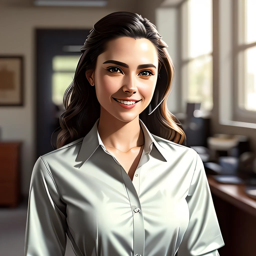 a waist-length portrait of a young woman in a office shirt, smile, office, natural skin texture, 4k textures, hdr, intricate, highly detailed, sharp focus, cinematic look, hyperdetailed dime detective, cover art, illustration