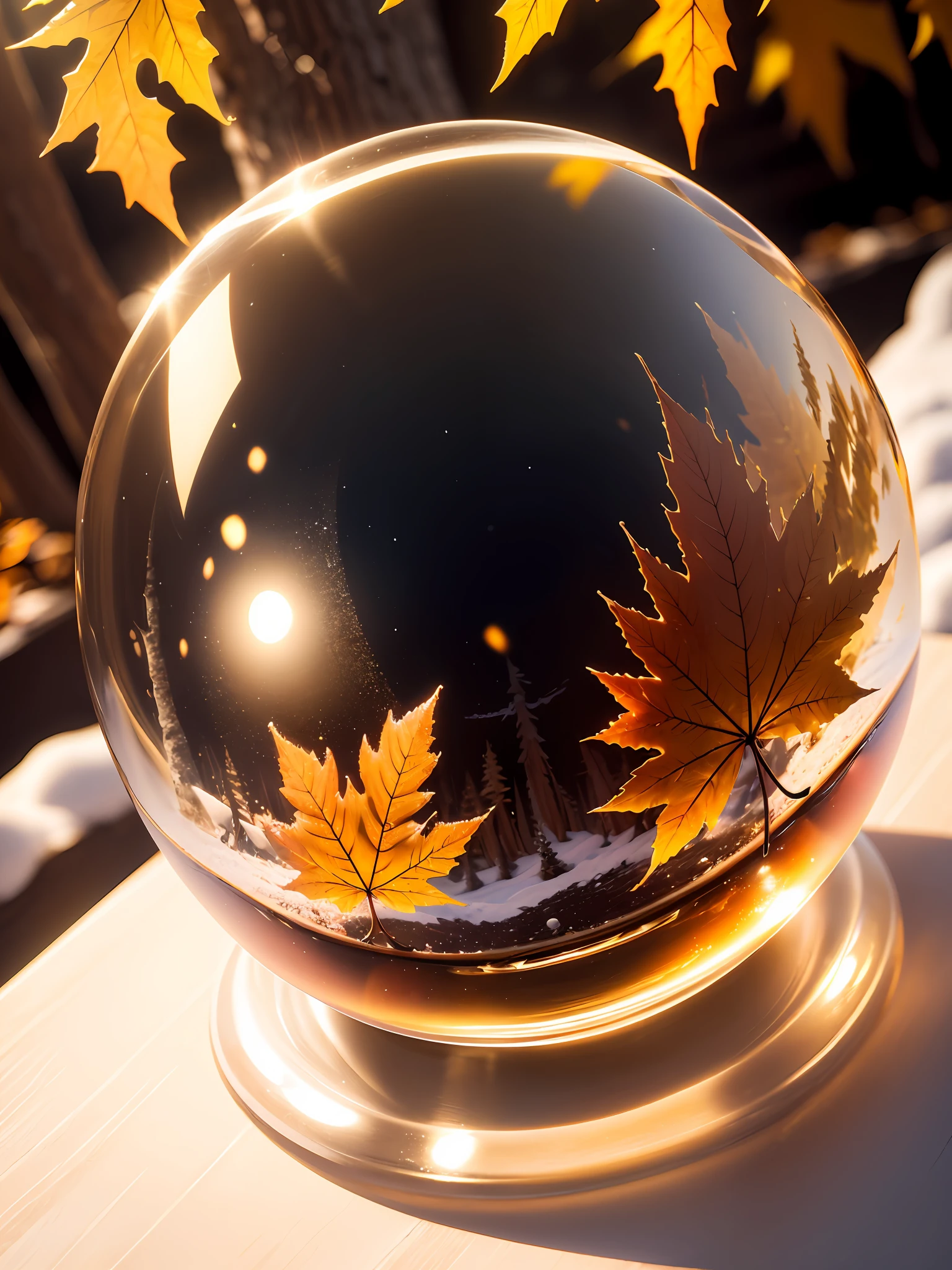 Ultra-realistic, 16K high resolution, (Max Sharp Focus: 1.3), (Max Close-up: 0.5), (Maple trapped in a crystal perfect ball with pedestal on table: 1.7), (Birch grove, backlit, snow, autumn leaves: 1.3)