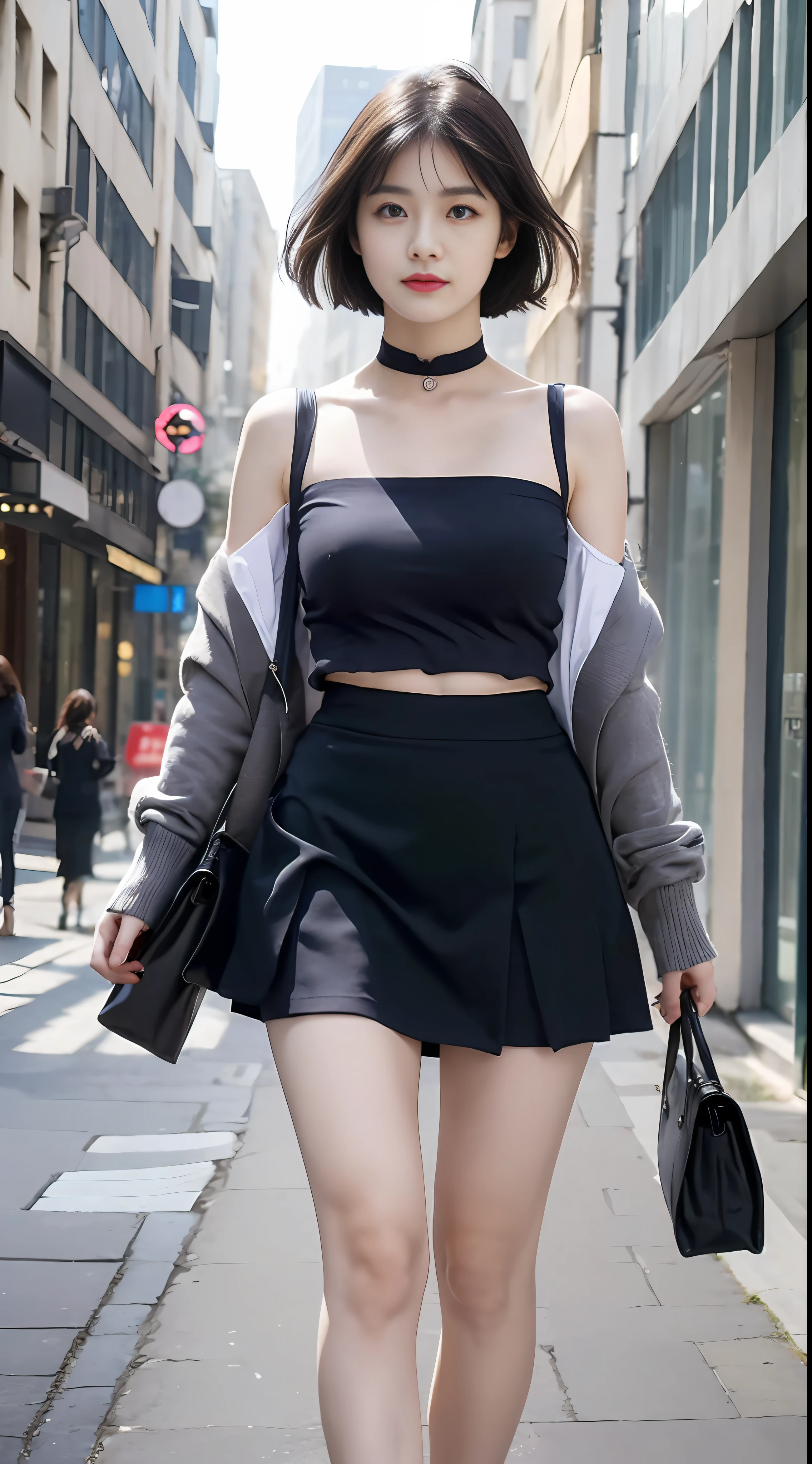 A 25-year-old woman, wearing a navy blue bandeau, navy blue short skirt, black hair, beautiful eyes, long eyelashes, human eye perspective, standing on the fashionable street posing