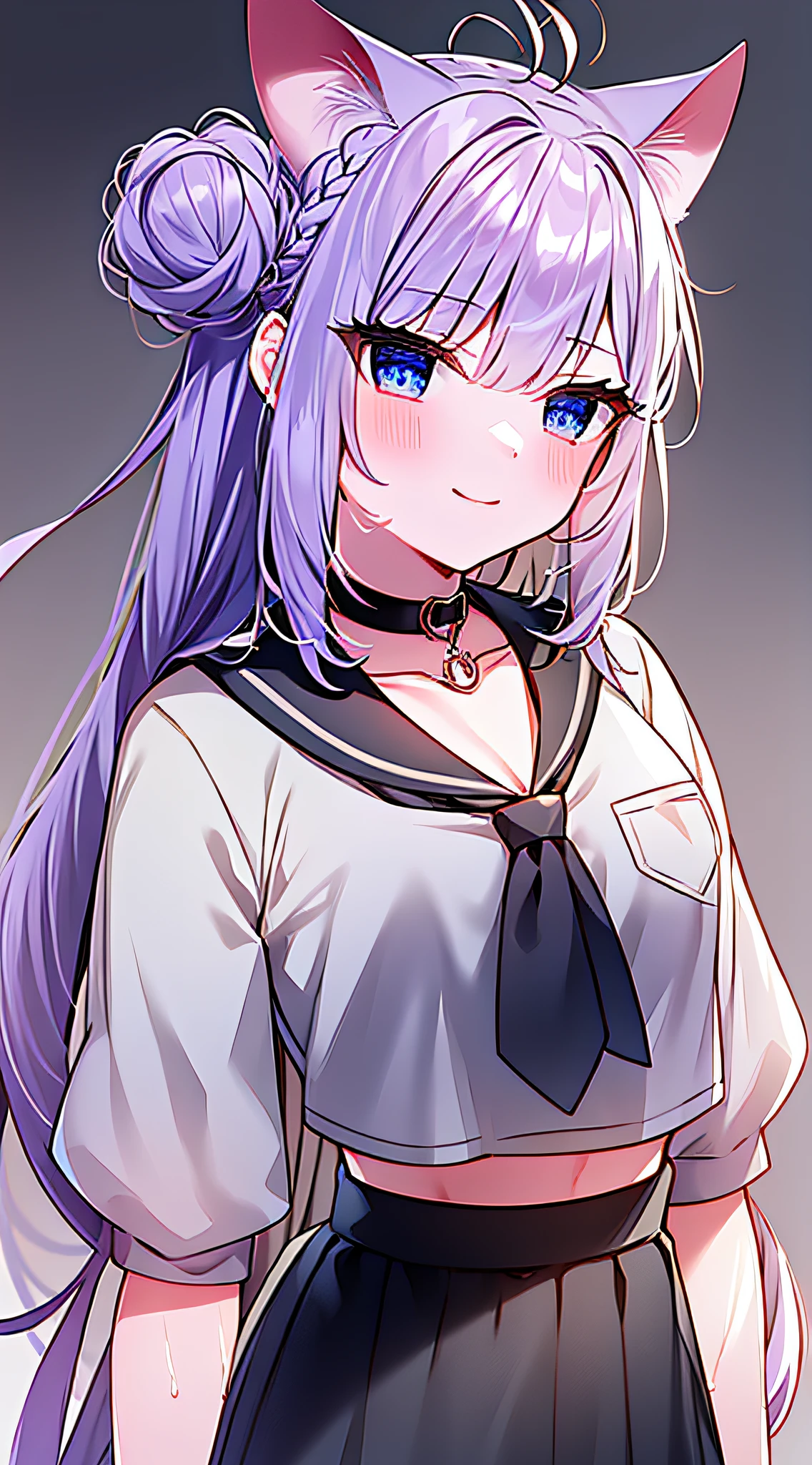 1girl, animal ear hair, animal ears, antenna hair, bangs, black choker, black skirt, blue eyes, blush, braid, braided bun, chest, choker, shut up, collar shirt, crop top, cropped shirt, crown braid, double buns, bun, headdress, hakui koyori, labcoat, long hair, long sleeves, looking at the audience, midriff, nail polish, nail button, tie, pink hair, pink nails, pink tie, pocket watch, purple eyes, shirt, skirt, smile, solo, upper body, white shirt, wolf ears, super, super detailed, illustrations