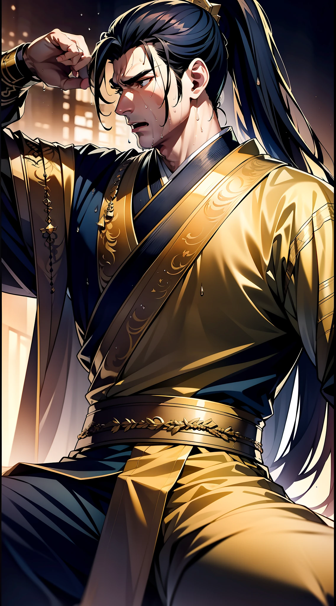 Two-dimensional, anime style, man (male warrior), muscle, correct proportions, face details, martial arts, high ponytail hairstyle, sweating, sweaty face, drooling, neck details, with Adam's apple, wet, wet, Hanfu costume, long robe, embroidered robe, dragon robe, clothing details, collar, long sleeves, game quality, swordsman demeanor, light and shadow tracing, ray tracing, detail glow, CG rendering, hair details, long black hair, golden eyes, sweaty face, handsome, handsome, sweat beads slipping down the neck, (juvenile feeling), complex clothing, Drenched, wet, perfectly composed, refined, high quality, more details, lots of details, complex background, atmospheric feeling, (squat), (Asian squat), sweaty crotch